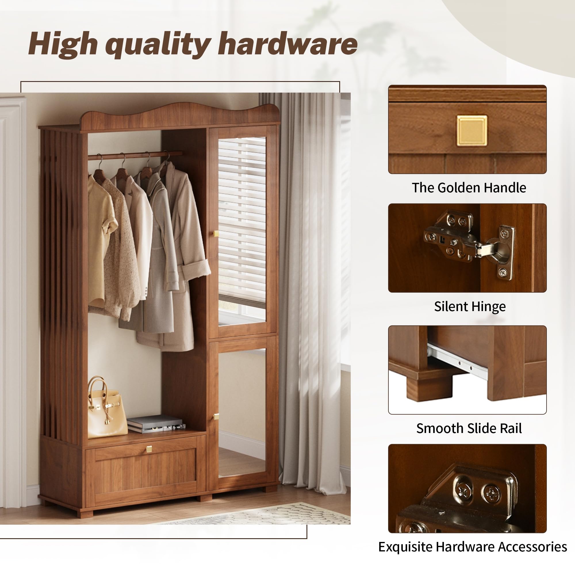 Conjunto de Armario/Perchero Recibidores de Entrada con Espejo, Juego de Mueble Recibidor con Barras para Colgar Ropa y Cajones, Armario Entrada, 115.5x38.5x194.5 cm, Color Nogal
