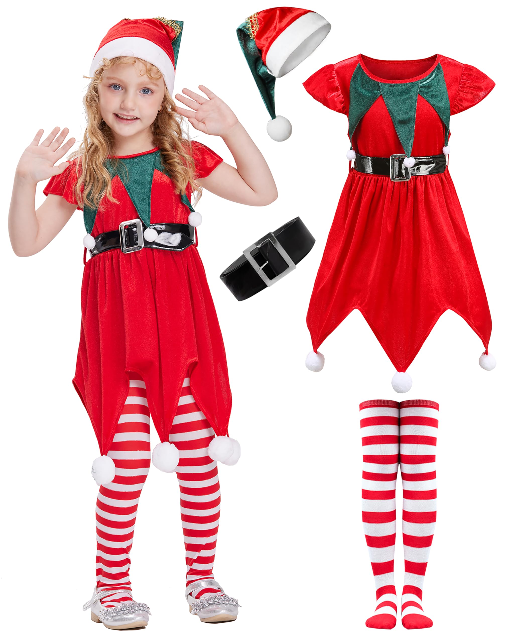 Photo 1 of IKALI Christmas Elf Costume Kids Santa's Helper Costume Santa Claus Holiday Dress-up Outfit for Boys Girls Children Girls Red Elf 8-10 Years