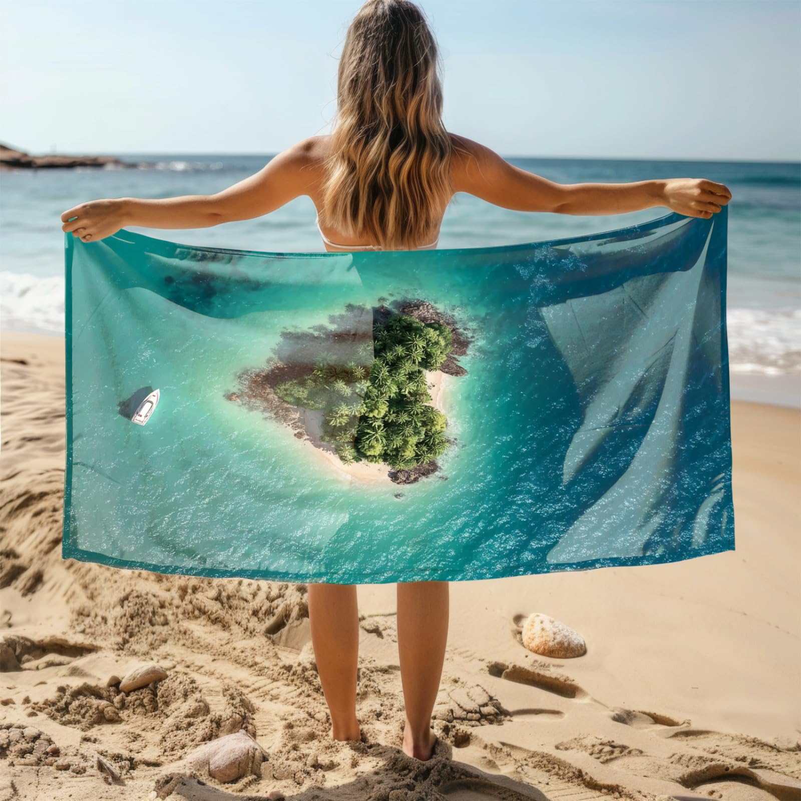 Telo Mare Microfibra Grande 200X200 Isole, Barche Telo da Mare Matrimoniale Xxl,Ad Asciugatura Rapida, Telo Bagno Senza Sabbia,Spiaggia, Campeggio, Escursionismo, Picnic