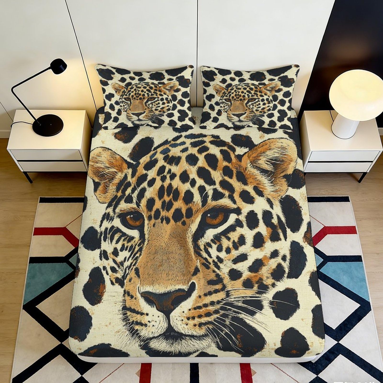3D Printed Leopard Fitted Sheet Microfiber Anti-Slip Deep Pocket Animal Mattress Fitted Cover Full Wrap Washable 160x200x25cm