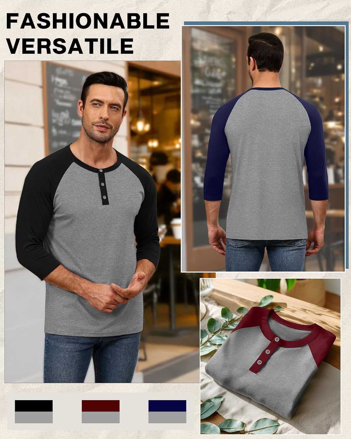 August Alley 3 Pack Men's 3/4 Sleeve Baseball Raglan T-Shirts S-3XL, Henley Tops Sport Athletic Jersey Tee Buttons Shirts