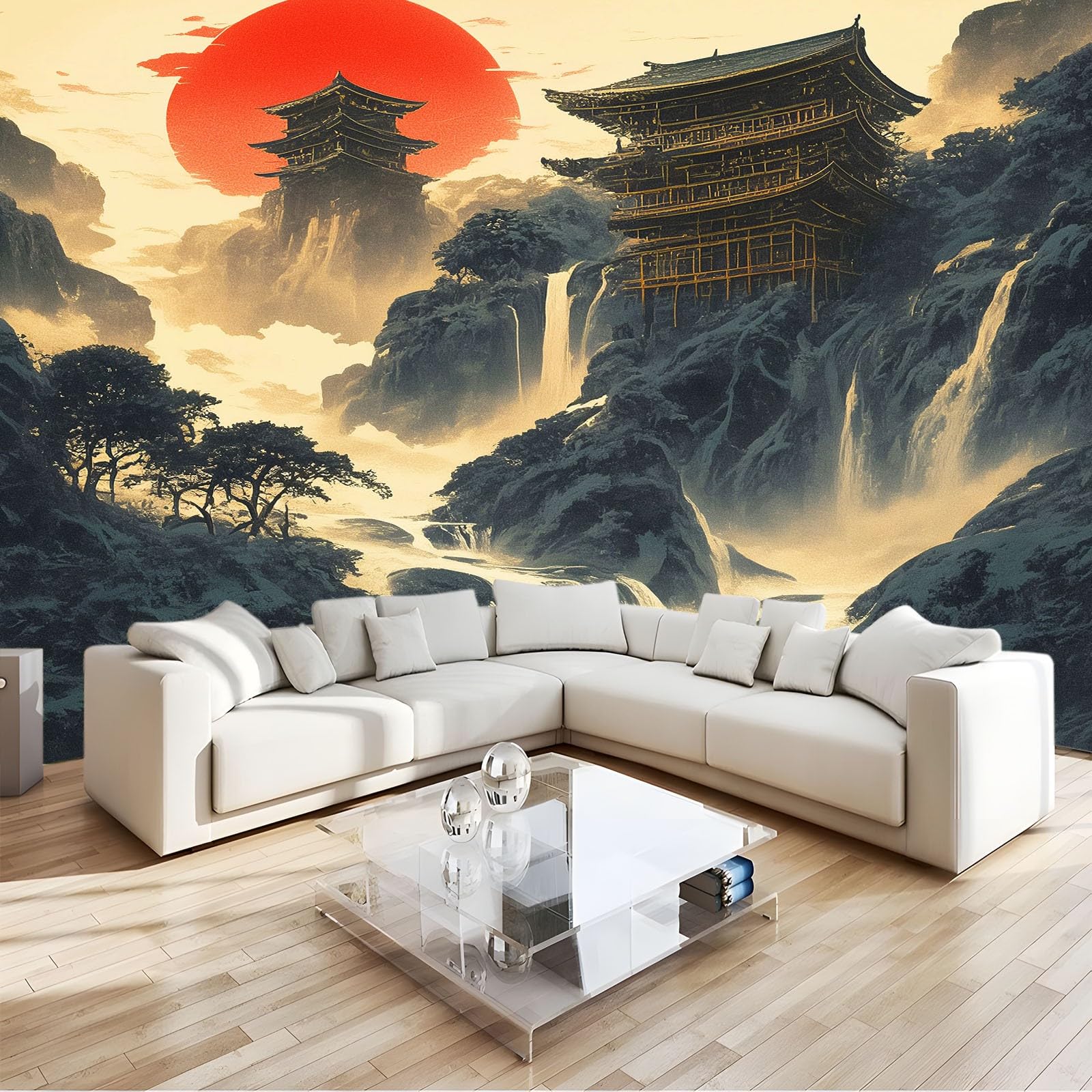 Panoramiczna tapeta 3D 200 x 140 cm japońska świątynia łańcuch górski tapeta z włókniny, plakat ścienny do salonu, dekoracji pokoju dziecięcego, łatwy montaż, niebiesko-szara