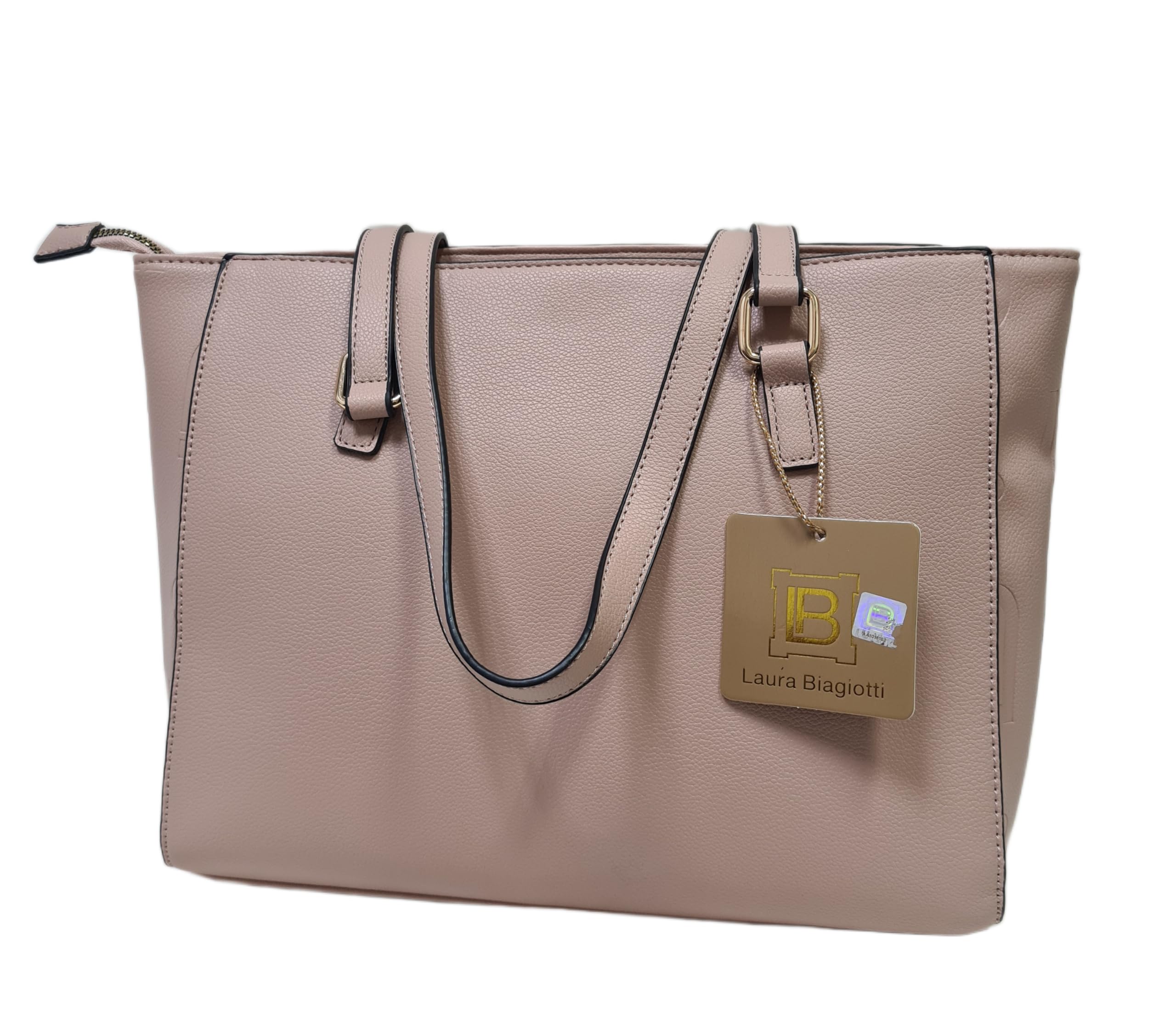 Laura Biagiotti Borsa Donna Tote in Ecopelle, Linea Lajolla, Stampa LB, Accessorio Metallico Oro, Tasche Interne, Chiusura a Zip, Dimensioni 33x26x12 cm Art. LB25W-121-1