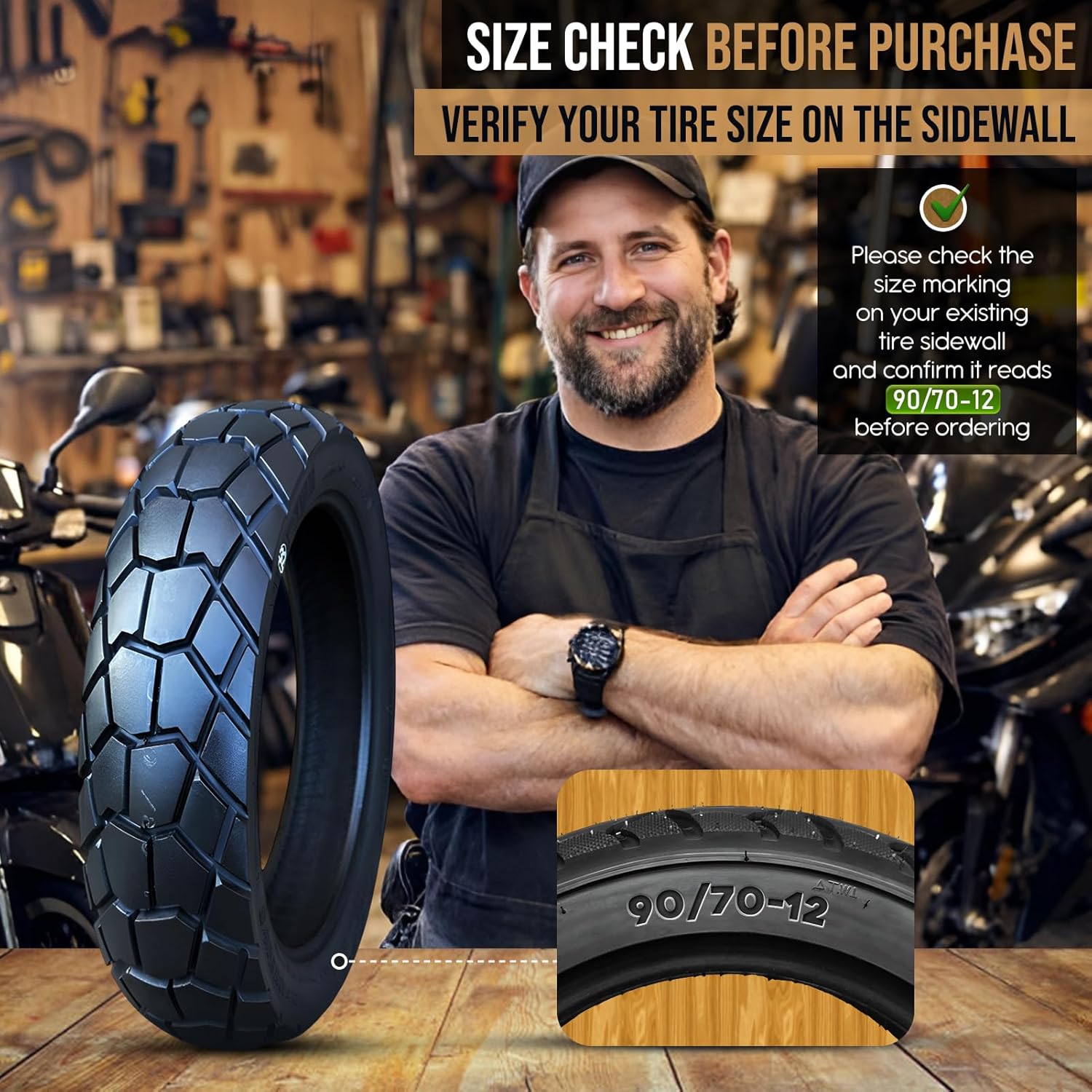 90/70-12 Tire, 90 70 12 Neumatico 8PR Tubeless Reinforced Nylon Casing, 46L Load Rating, Max Load 374 lbs, Semi-Soft Compound Block Tread, 300 kPa Rated Pressure