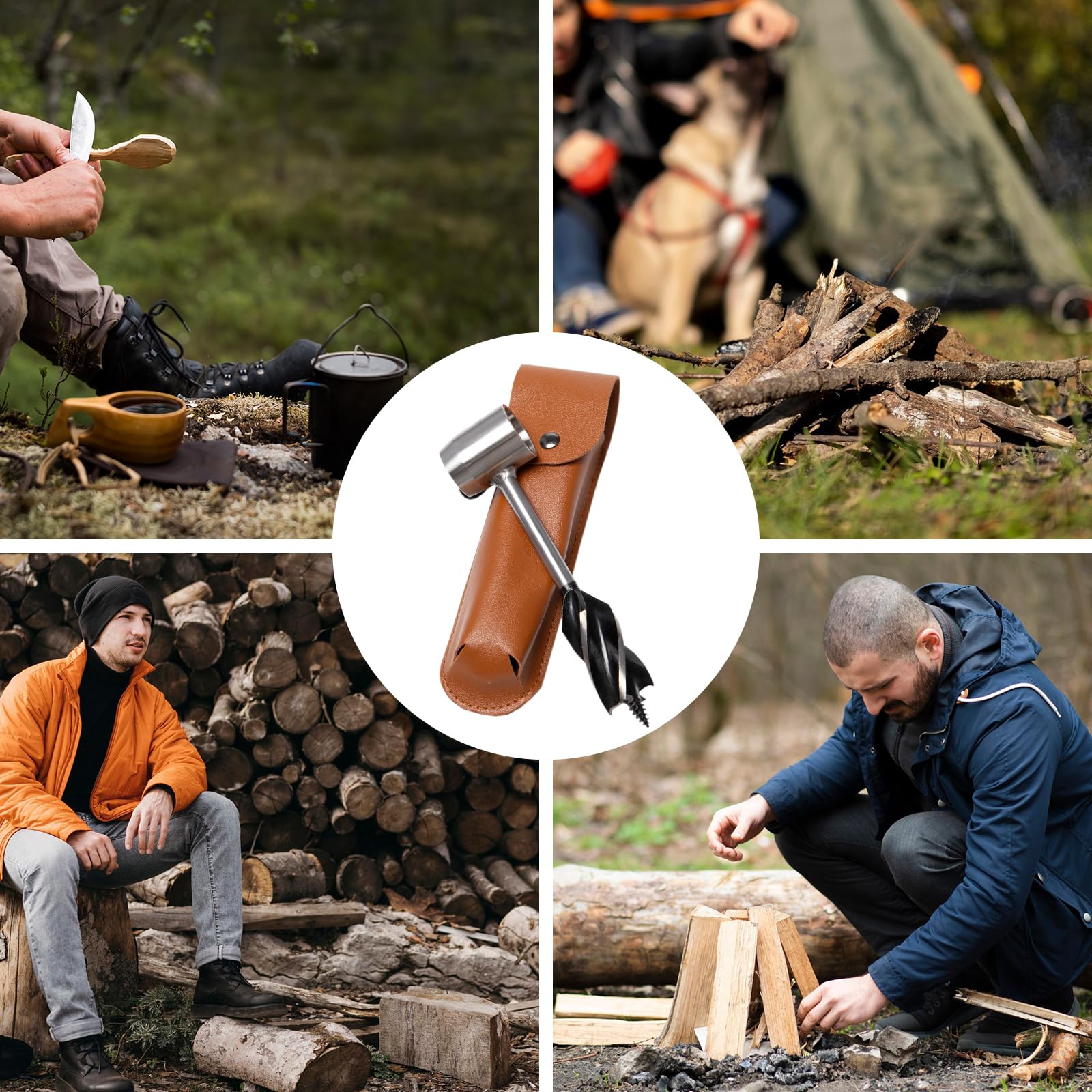 Trivella Manuale per Legno con 4 Sega a Filo di Emergenza Custodia In Pelle Punta da Trapano Multiuso Bushcraft Survival Tools