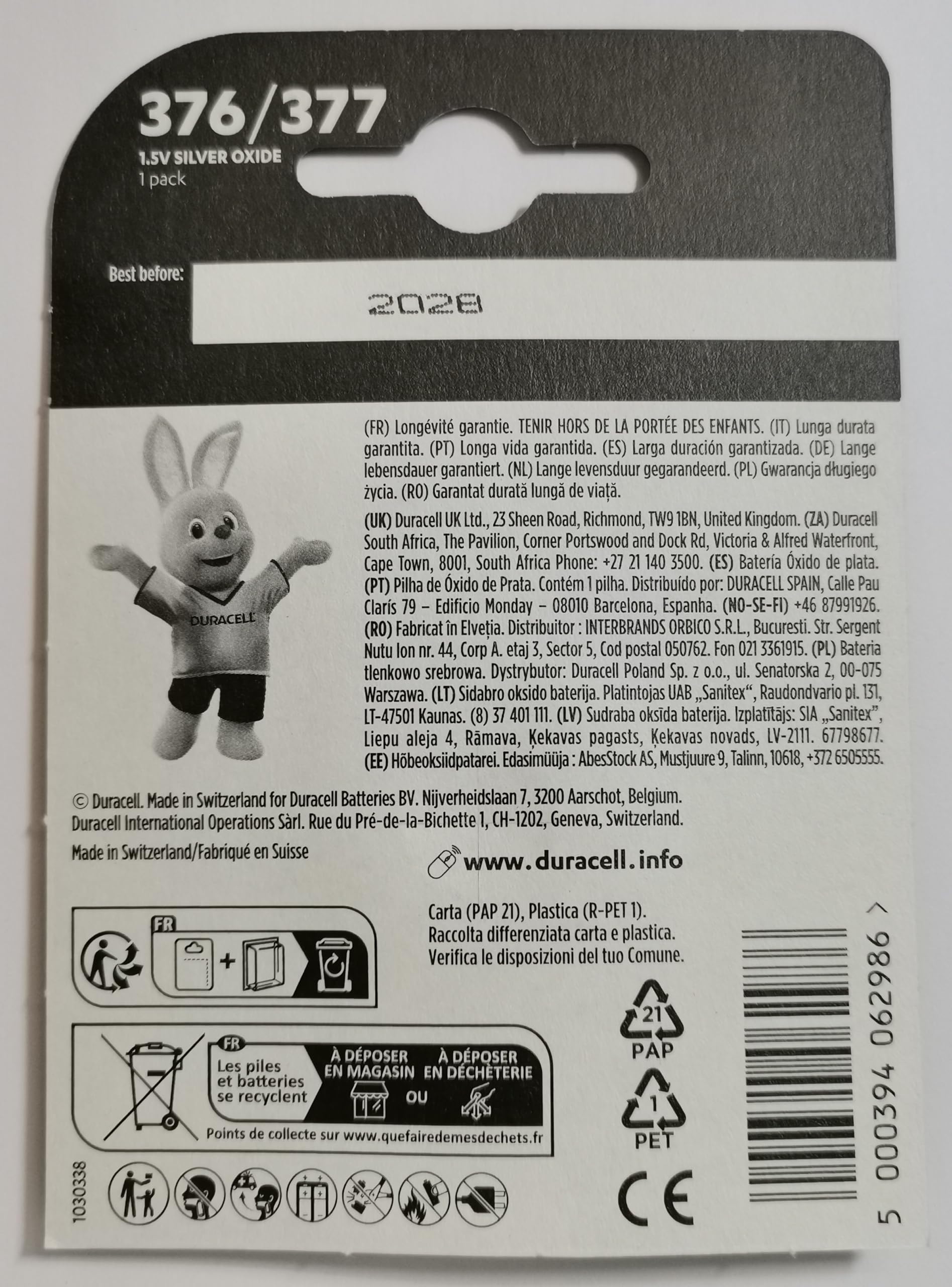 Batteria Per Orologio Duracell 377/SR626SW - Ossido D'Argento 1.55V, 2 Pezzi - Foto 4