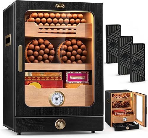 Scotte Humidor de puros, caja de humidor de cigarros de madera de cedro con cajón de accesorios de higrómetro, parte superior de vidrio y cerradura