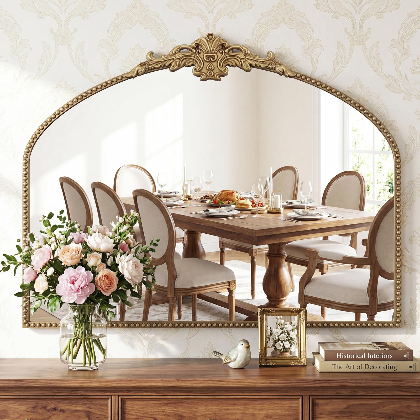 MYOTA Vintage Retro Gold Arched Wall Mirror - Baroque Decor Mirror with Metal Decor Frame for Bathroom, Living Room, Fireplace, Entryway, Bedroom, Mantel, 36"x28"