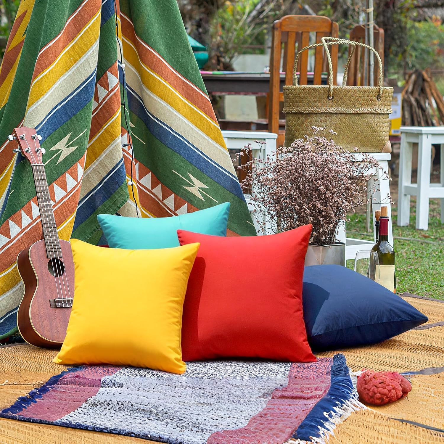Outdoor Pillow Covers Set of 2, Decorative Farmhouse Waterproof Pillow Covers, Solid Linen Pillowcase Cushion Covers for Patio Garden Balcony Couch Sofa 18x18 inch, Navy