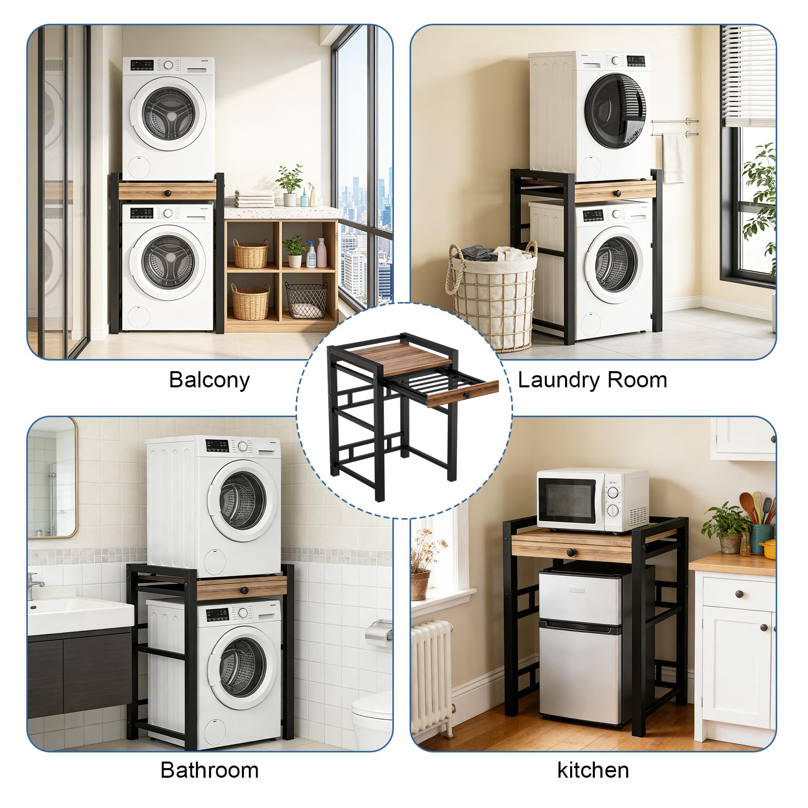 Meuble Machine à Laver avec Tiroir, Étagère pour Machine à Laver et Seche Linge, Meuble Seche Linge Rangement, Cadre en Acier au Carbone, Charge de 350 kg, 75 x 65 x 104 cm (Noir avec Tiroir)
