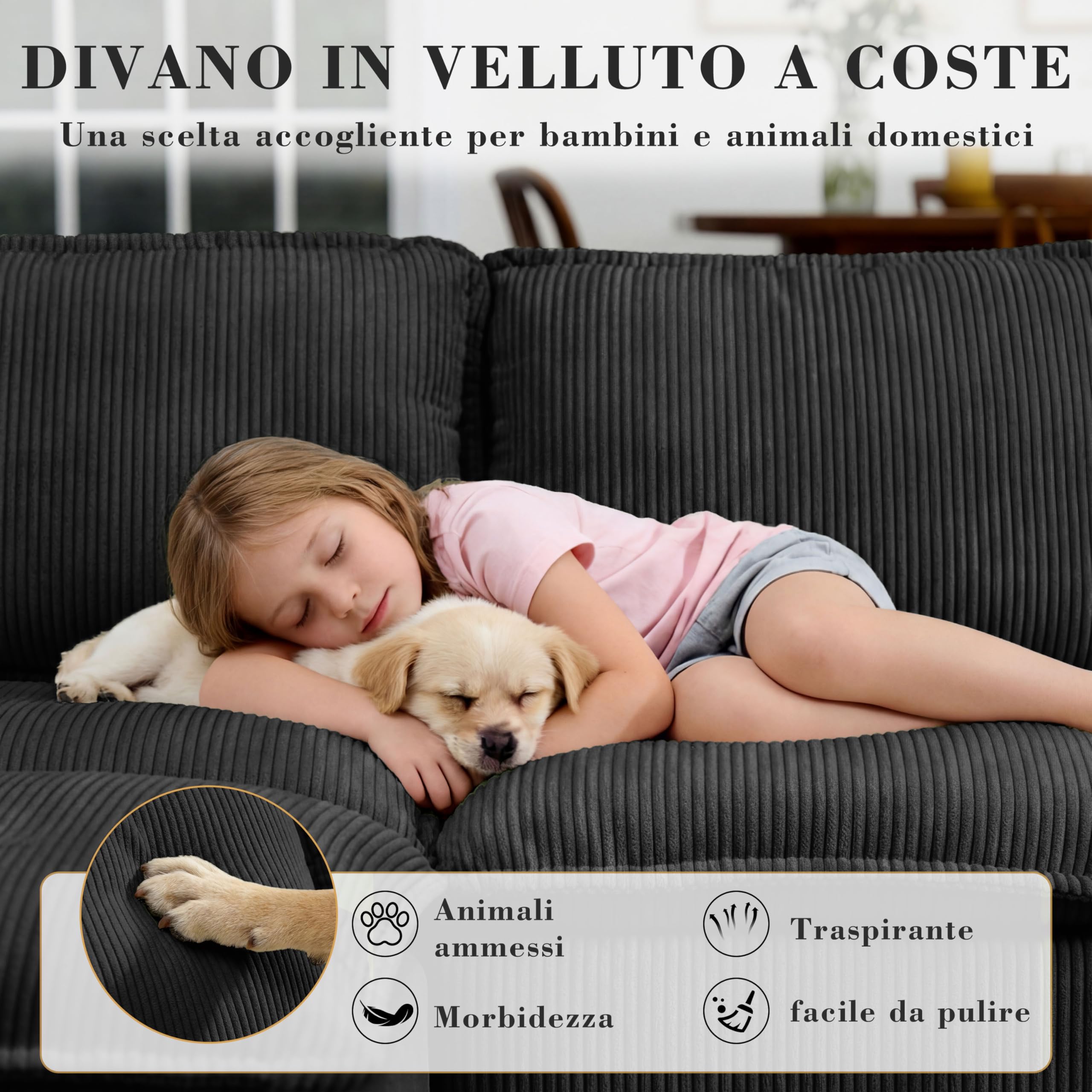 Vipbear Divano 4 Posti con 1 Pouf, Divano Cloud in Tessuto di Velluto a Coste con Seduta Profonda Imbottita, Seduta Extra Profonda e Morbida, Modulare Divano a L per il Soggiorno, Nero