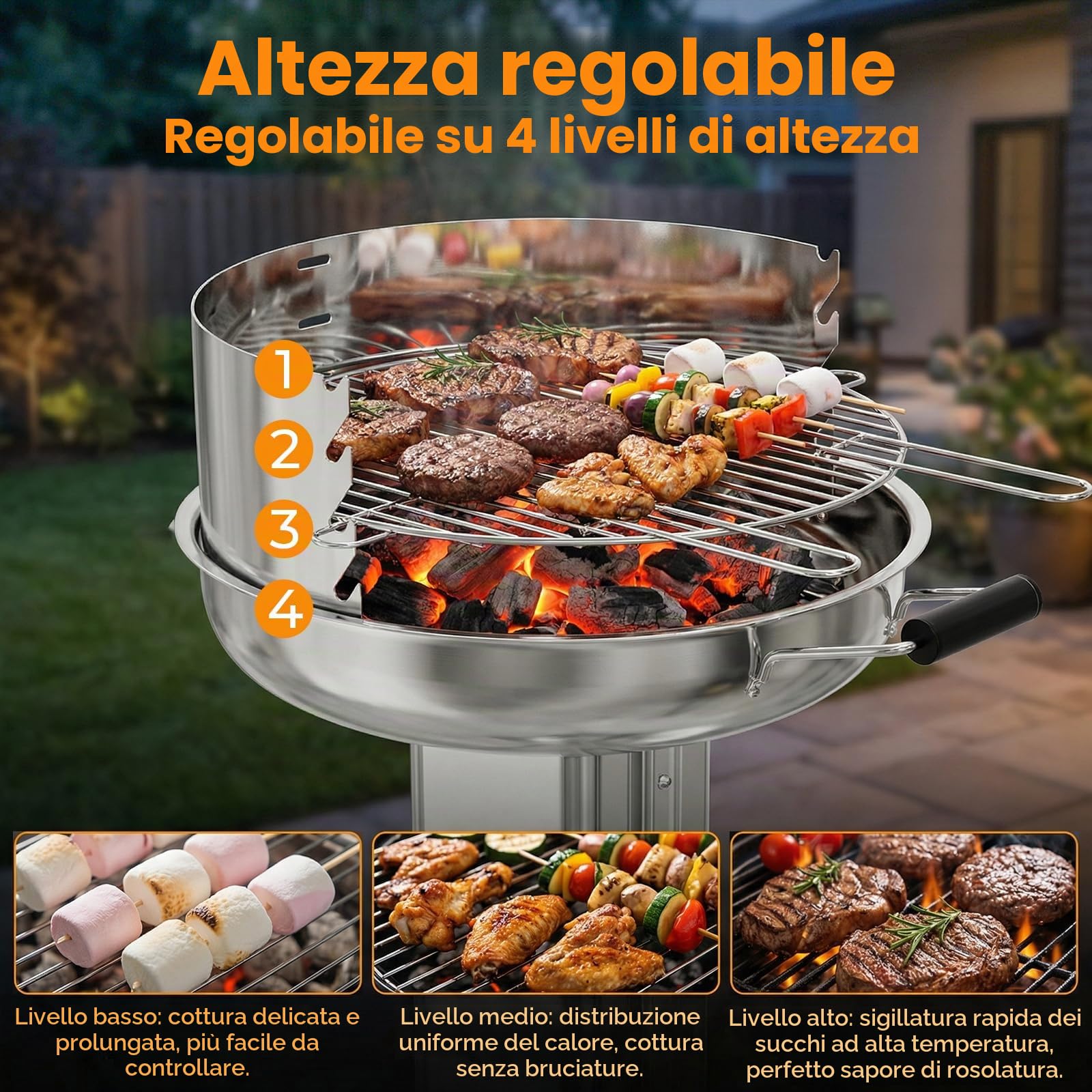 TLGREEN 58*42*85cm Barbecue a colonna in acciaio inox, Barbecue da esterno con griglia cromata, Cassetto cenere e ventilazione, Altezza regolabile in 4 posizioni, per Outdoor, Giardino, BBQ, Balcone