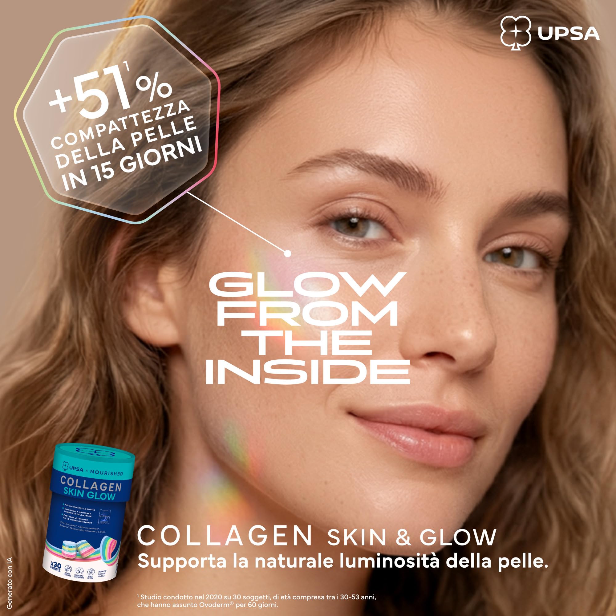UPSA x Nourished Collagen Skin Glow, con Niacinamide 60 Gummies, Bipacco | Integratore Alimentare con Ovoderm, Niacinamide e Vitamina C, Caramelle Gommose Gusto Frutta, Senza Zucchero, Vegetariano