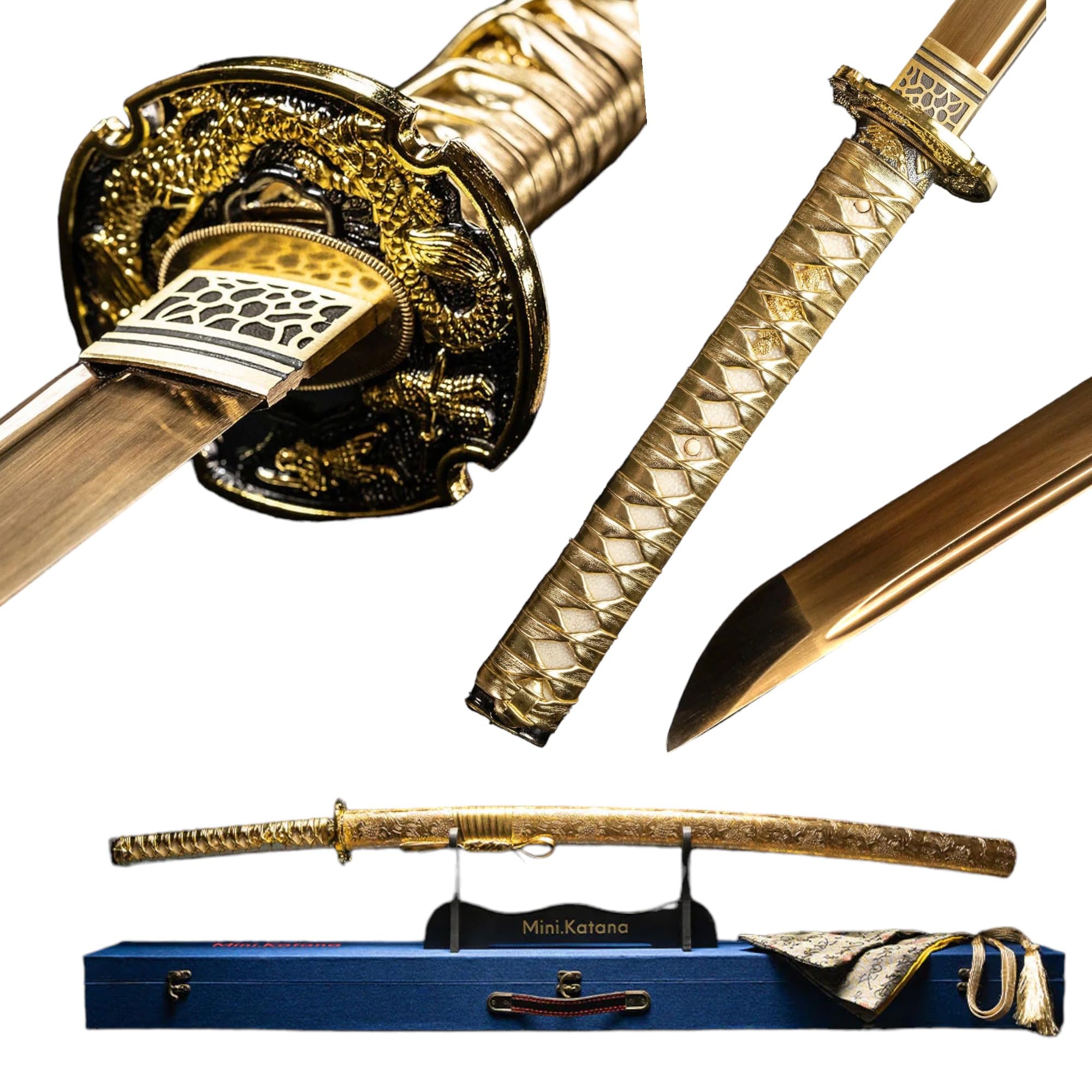 Mini Katana - Full Sized Katana, Sharpened 1060 Carbon Steel Blade - Full Tang - Scabbard, Stand, Dust Bag, and Hard Case Included - for Light Cutting, Practice, and Display