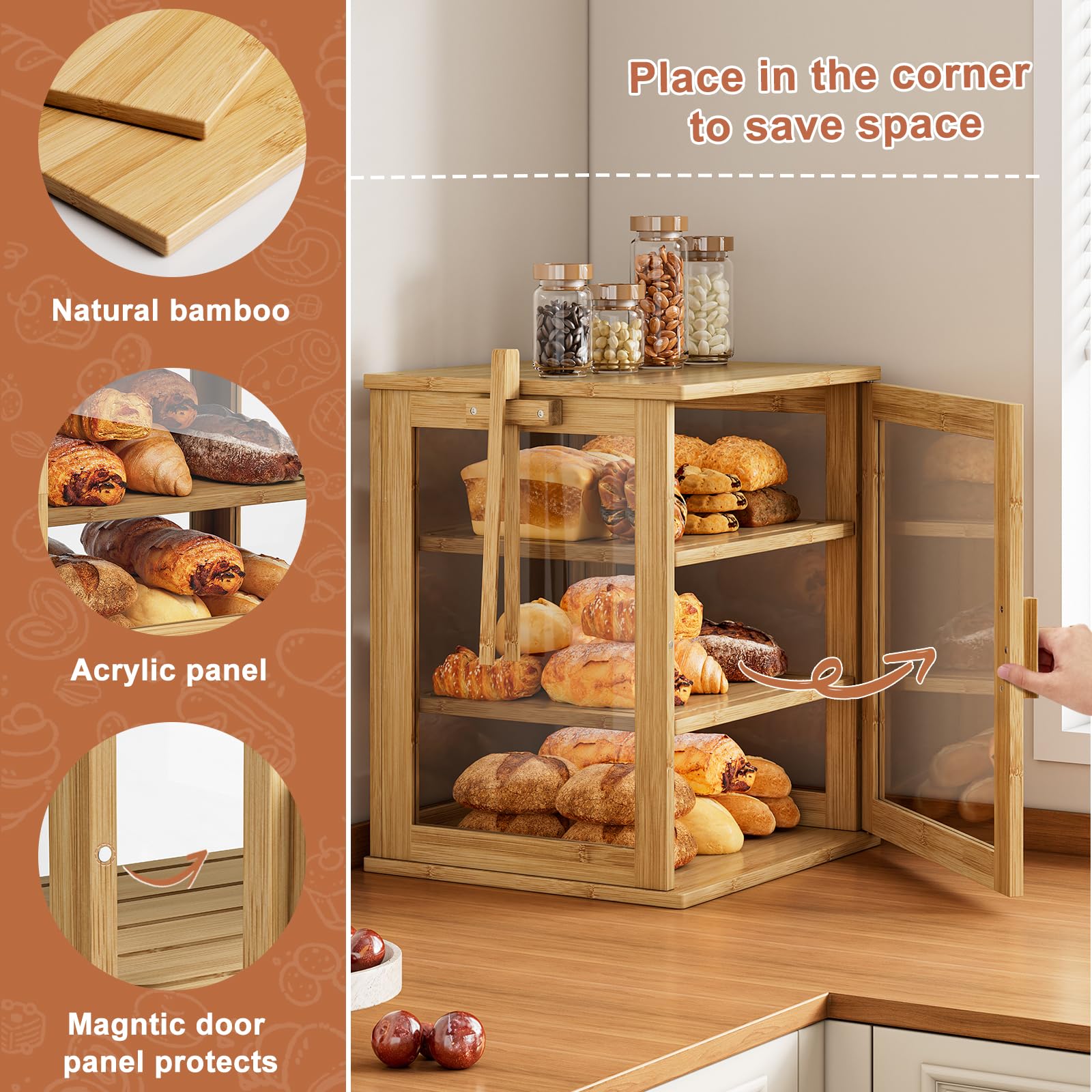 WOWLIVE Boîte à pain en bambou pour comptoir de cuisine, grande boîte de rangement à pain à 3 couches pour pain fait maison avec fenêtre, organiseur de boîte à pain de ferme pour cuisine, armoire