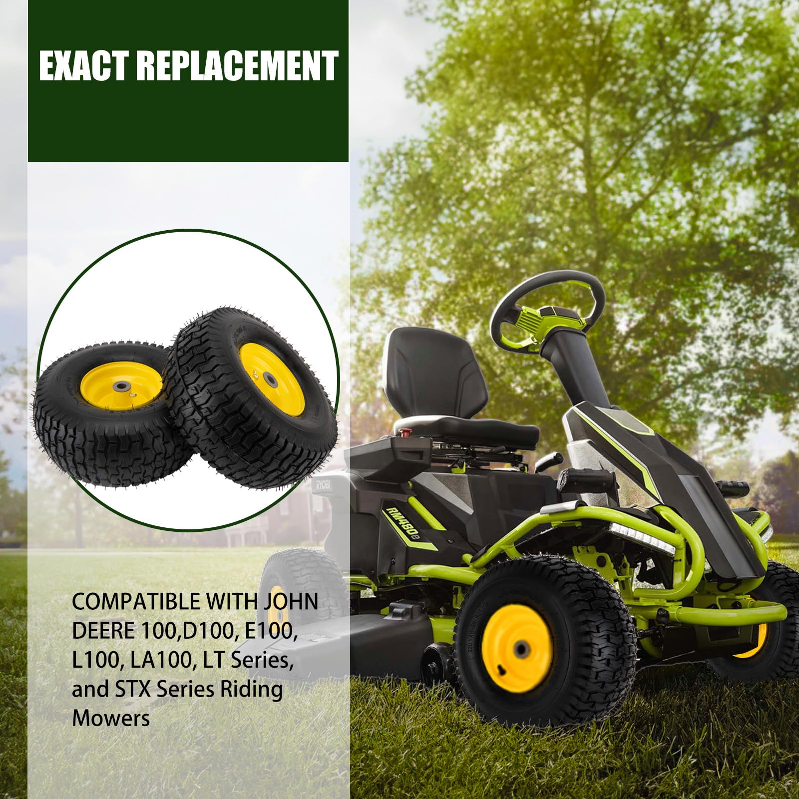 Neumáticos para cortacésped de 15 x 6.00-6 nhs, paquete de 2 neumáticos delanteros sin cámara de 4 capas de 15 x 6-6 con montaje de rueda para cortacésped John Deere, cubo de desplazamiento de 3