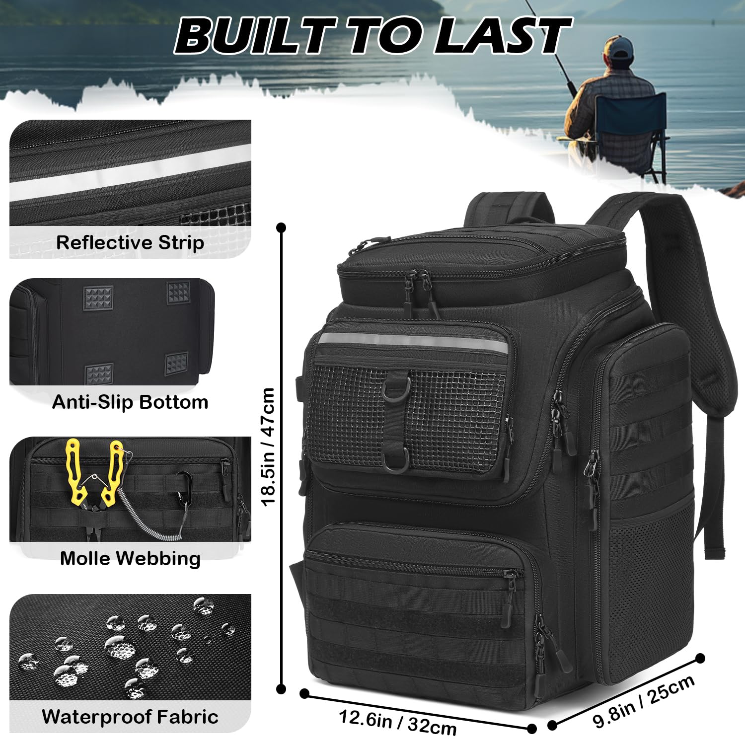 Zaino da pesca con 4 scatole e supporti per canna da pesca da 45 l, impermeabile, per pesca, escursionismo, campeggio, trekking (nero)