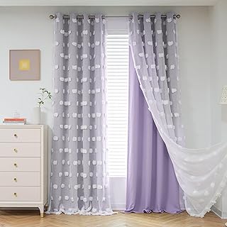 MYSKY HOME Lilac Curtains for Living Room 84 Inches Long Pom Pom White Sheer Curtains for Girls Room Nursery Curtains Double Layer for Toddler Bedroom Grommet Room Darkening Window Panels 52 x 84 in - Buy now