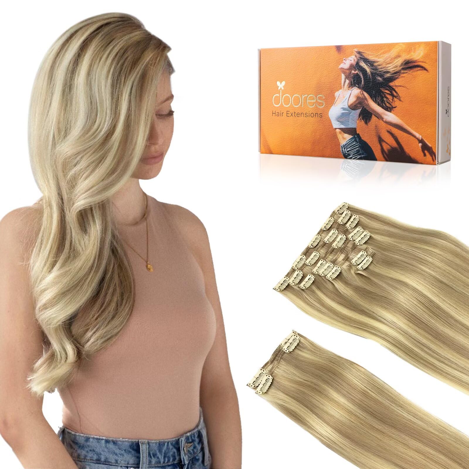 DOORES Hair Extensions Clip in Human Hair, Light Blonde Highlighted Golden Blonde 150g 9pcs 22 Inch, Clip in Hair Extensions Human Hair Extensions