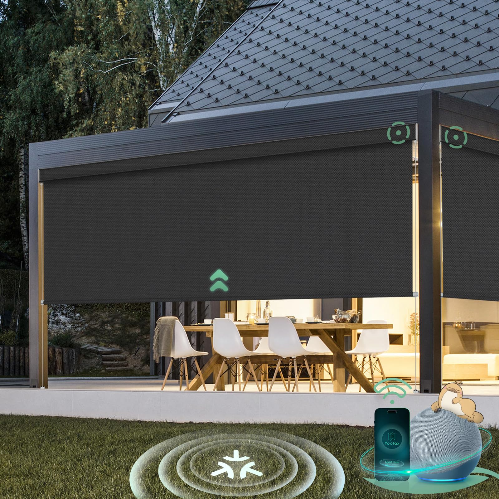Yoolax Motorized Matter Outdoor Shades Patio Blinds Compatible with Alexa, Remote Control Retractable Patio Screens, Smart Roller Shades for Porch Waterproof & Windproof Custom (Blackout Black)