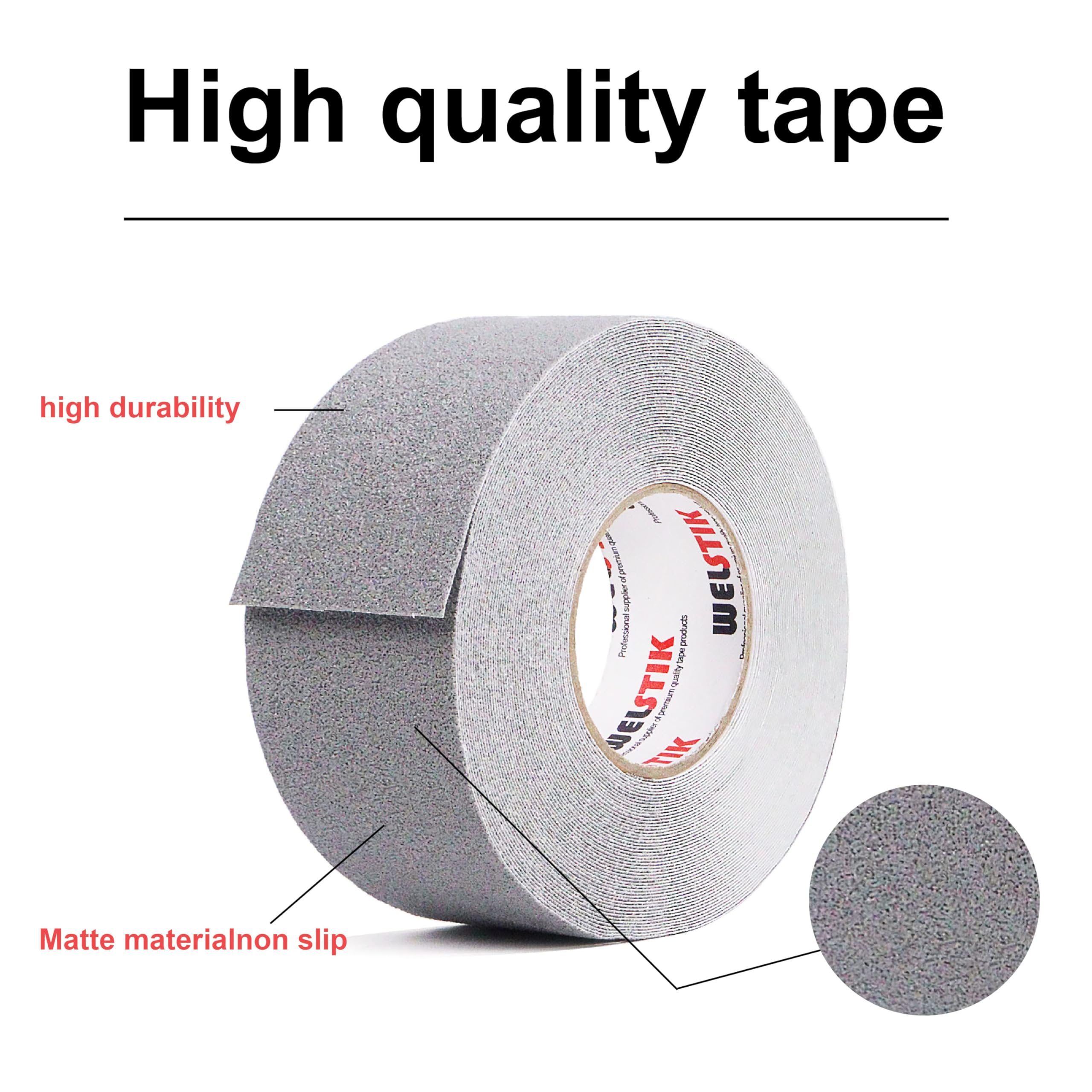 WELSTIK Cinta adhesiva antideslizante, 50 mm x 20 m, para escalones, cinta adhesiva antideslizante, alta tracción para interiores y exteriores, resistente al agua, Gris