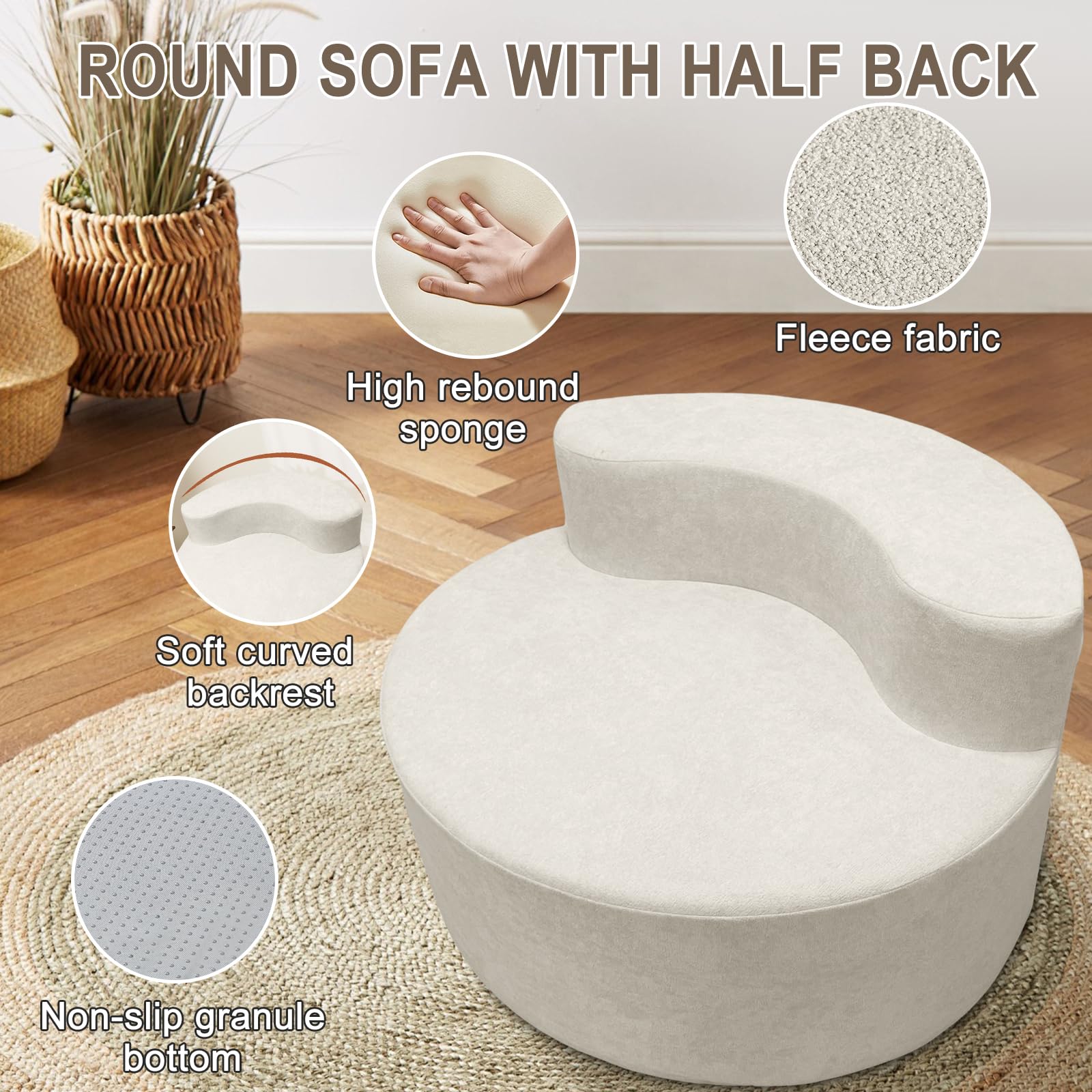 Sedia rotonda oversize moderna di lusso, con schienale curvo stretto, con design a mezza luna e schiuma ad alta densità per soggiorno, salotto e sala proiezione (bianco sporco)