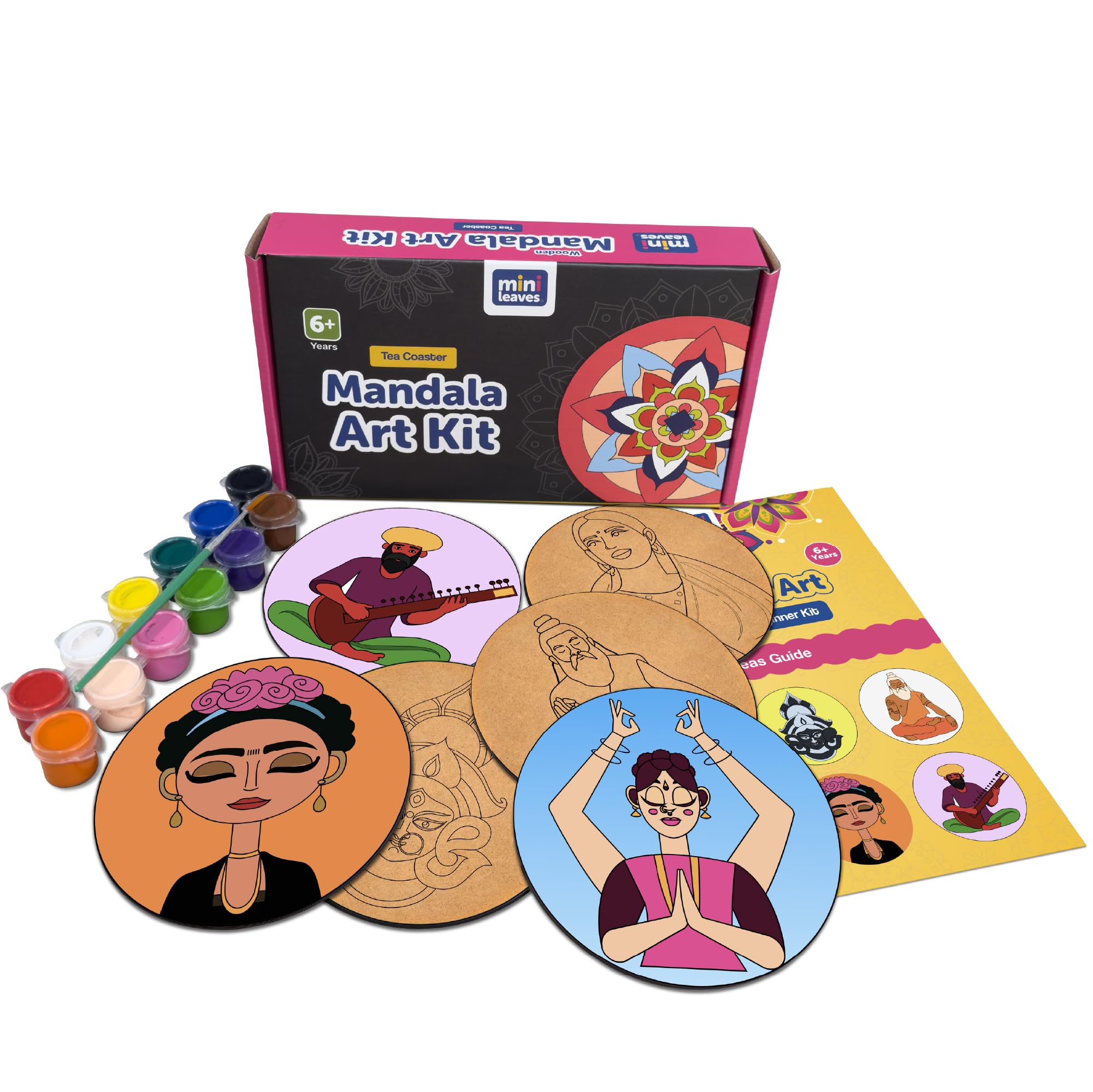 Mini Leaves Wooden Mandala Painting Kit Tea Coasters Art and Craft Kit for Girls Boys 9-12 Years Coaster DIY Kit Set of 6 - Size: 10 x 10 CM