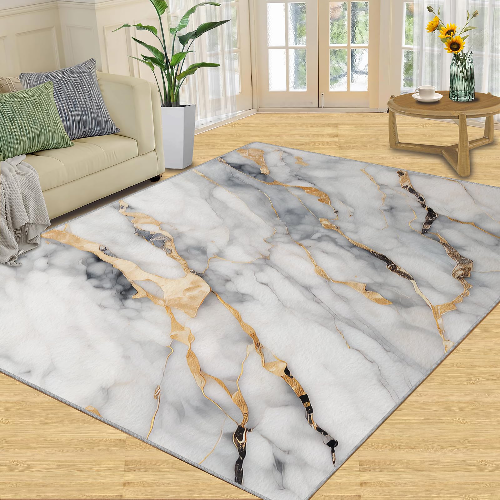 White Marble Area Rug, Gold Texture Indoor Non Slip Bedroom Rug, Low Pile Fade Resistant Soft Carpet for Room Sofa Living Room Home Decor Floor Mat -