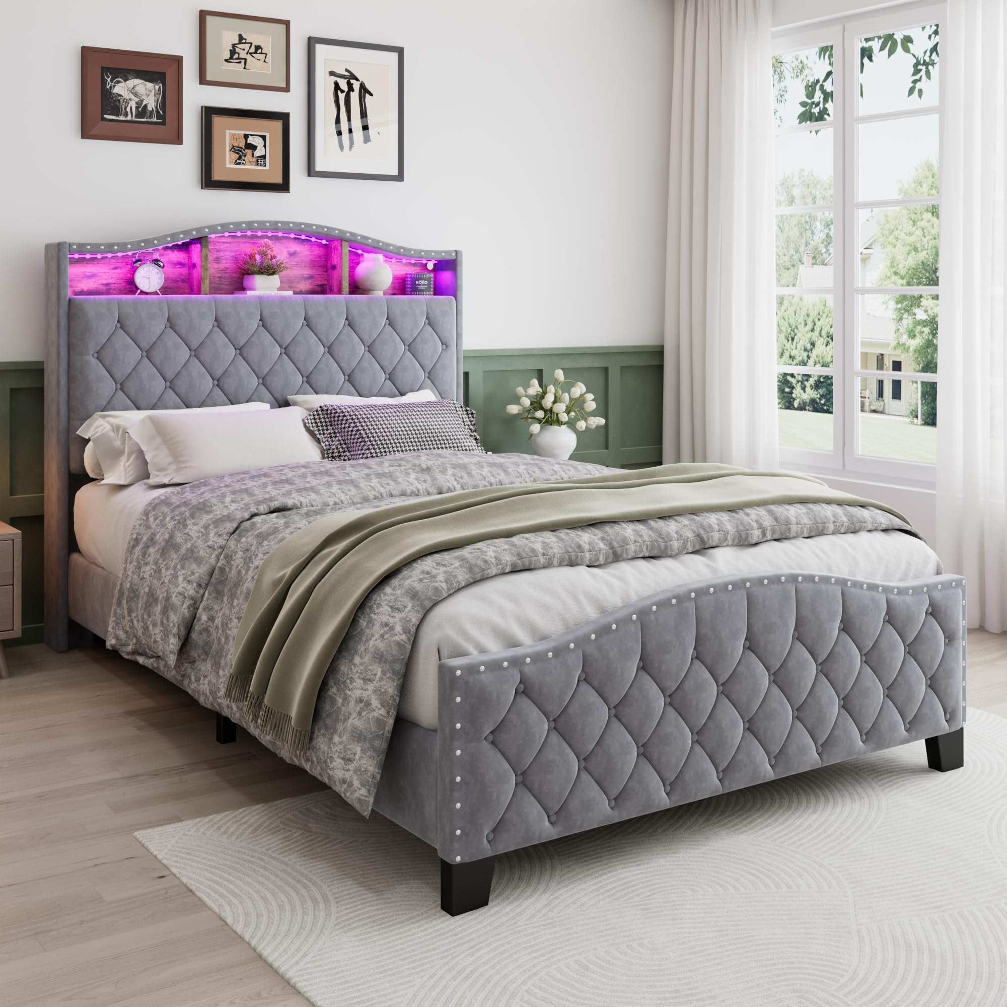 Merax 4FT6 Double Bed Upholstered Bed Frame with LED Lights, Storage Shelf 135x190cm, Velvet Modern Storage Bed Frame with Soft Headboard, Wooden Slats for Adults&Teenagers, Grey-No Mattress — image 1
