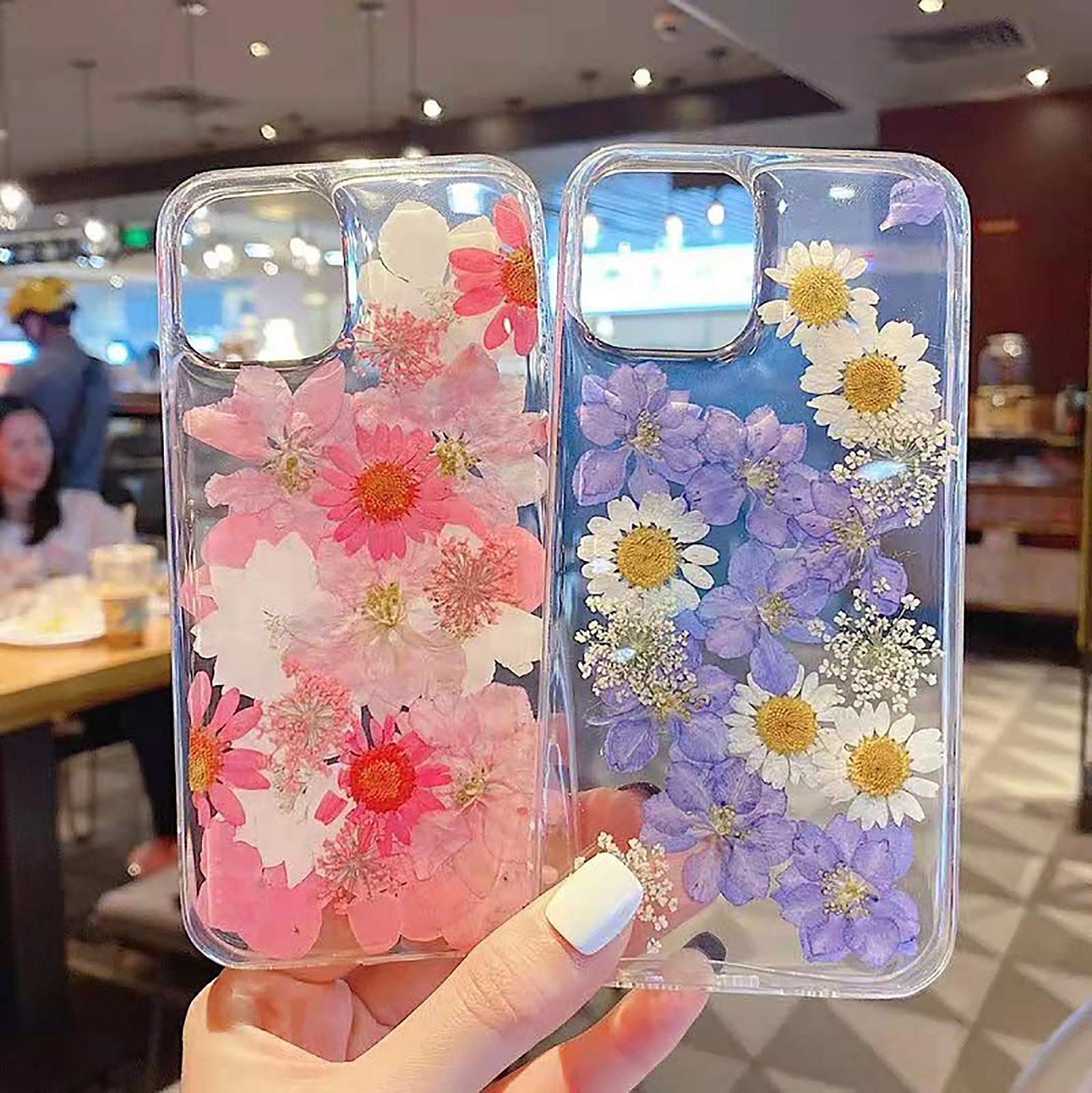 Tybiky - Custodia per Apple iPhone 11, trasparente, con veri fiori secchi e cristalli, realizzata a mano, sei fiori bianchi