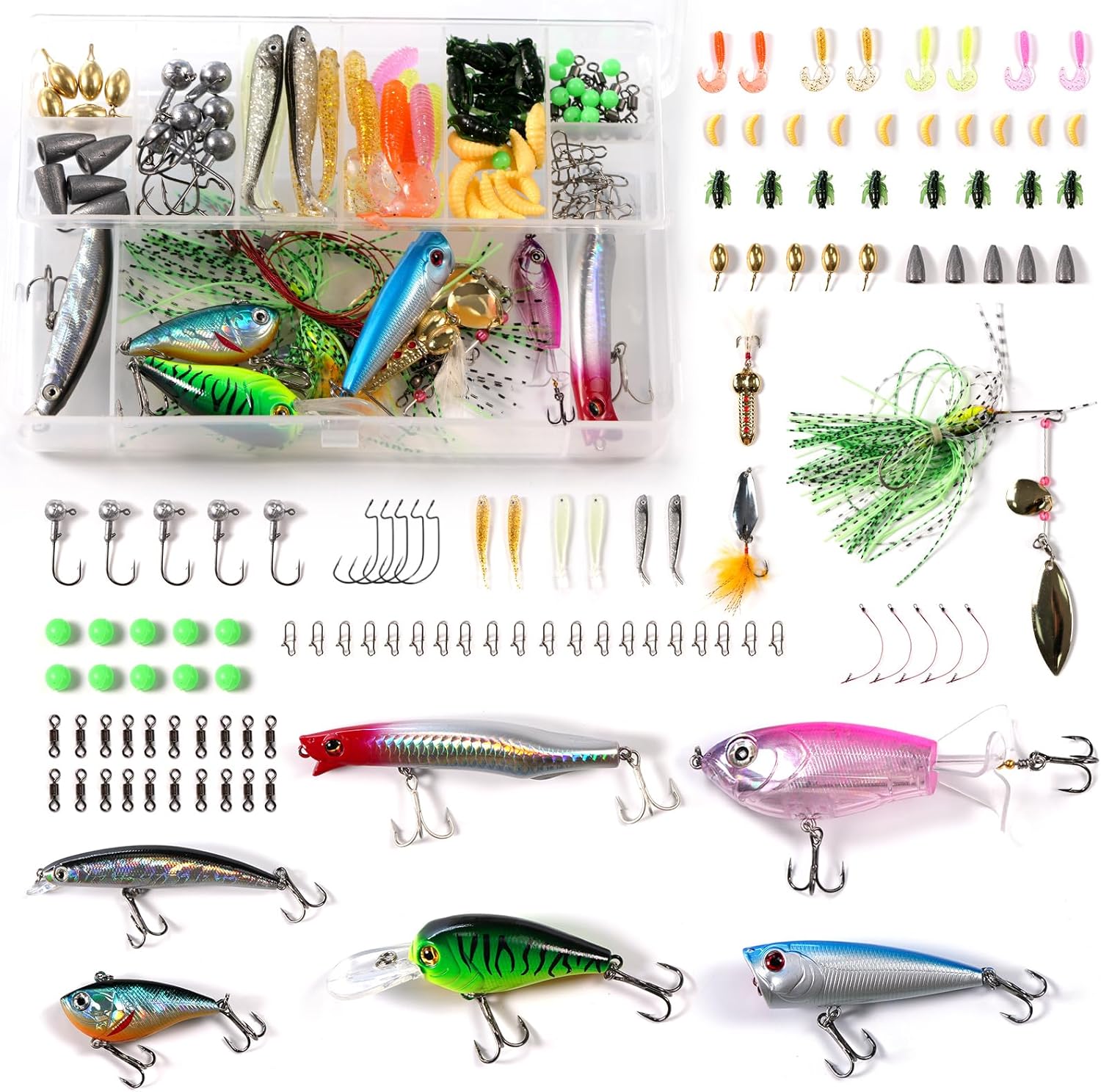Wondersee Fishing Lures, 116Pcs Tackle Box with Tackle Included,Plopper,Crankbaits, Spoon, Hooks, Weights & Fishing Accessories, Fishing Bait Lure Gear Kit Gift for Men Bass Freshwater
