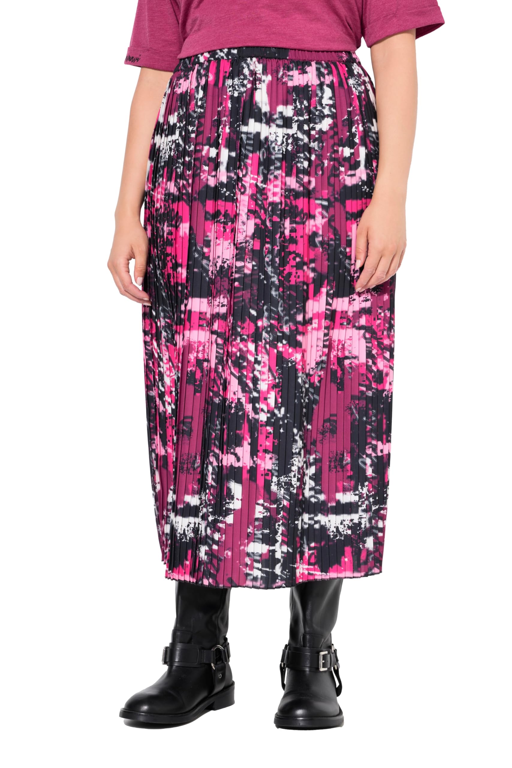Ulla Popken Damen große Größen Übergrößen Plus Size Plissee-Midirock, Patchdruck, A-Linie, Elastikbund 834955