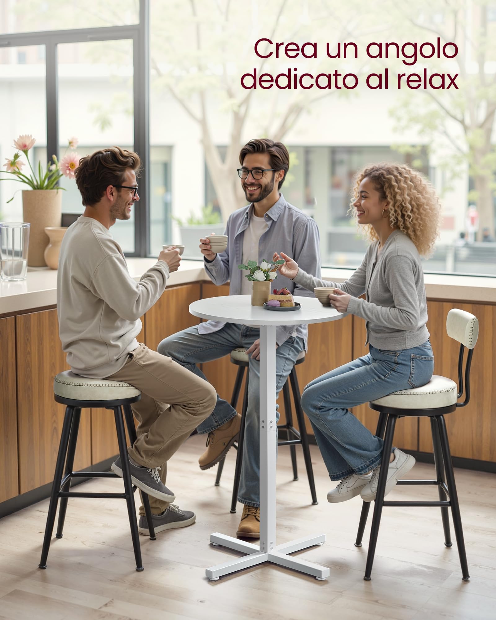 VASAGLE Tavolo da Bar, Tavolino Alto da Pranzo Cucina, Struttura in Metallo, 60 x 60 x 104,5 cm, Facile da Montare, con Base a Croce, per 2-3 Persone, Stile Moderno, Bianco Neve LBT361W01
