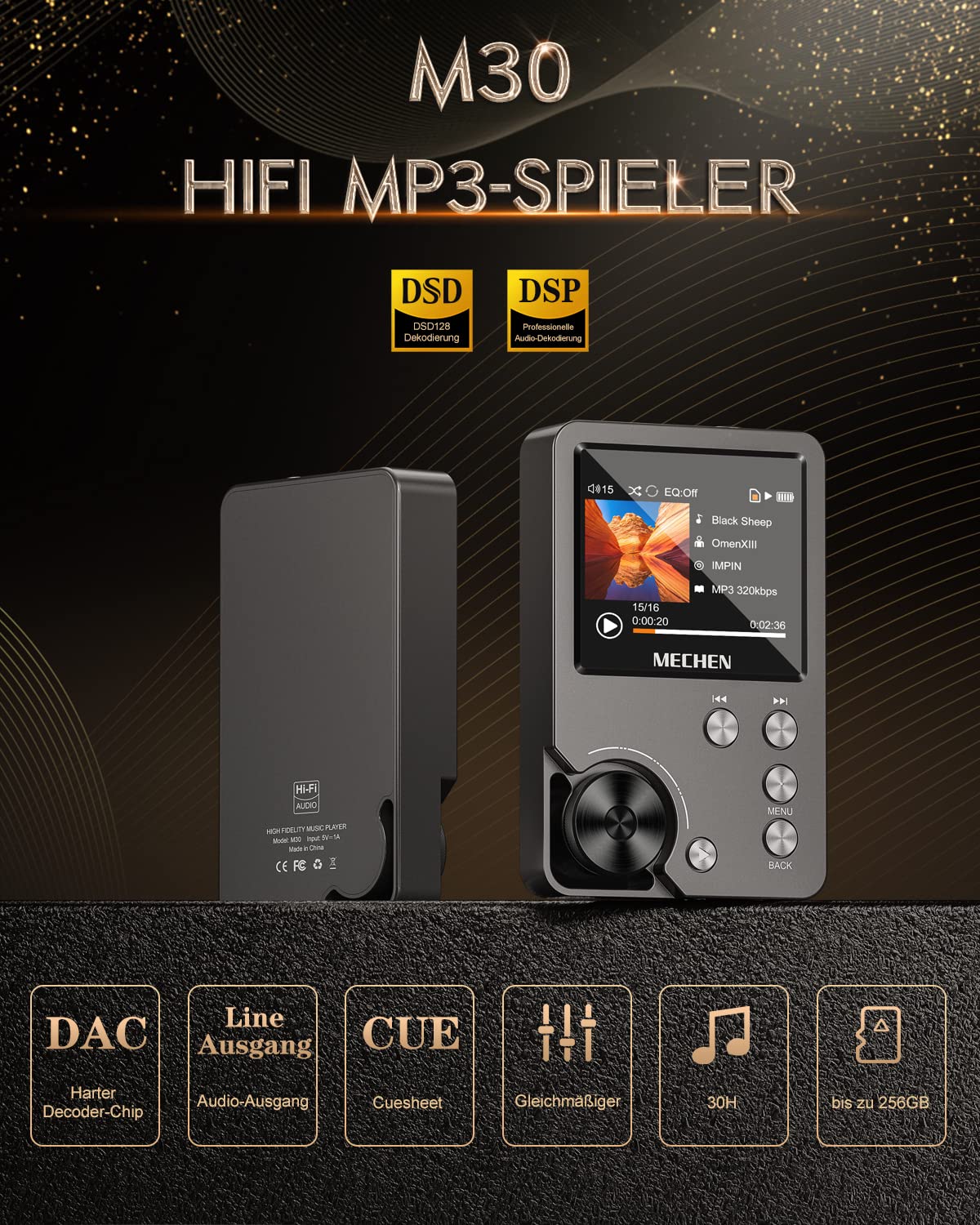 MECHEN M30 Hi Res MP3 Player, DSD FLAC DAC CUE Verlustfreier Hochauflösender Audio Player, HiFi Digitaler Ton Tragbarer DAP mit 64GB Speicherkarte, Unterstützt bis zu 256 GB (Grau)