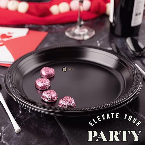 Miniatura 4 de FRAMO Platos desechables de plástico negro, paquete de 120 platos redondos de plástico de 9 pulgadas para eventos especiales, fiestas, cenas, picnic