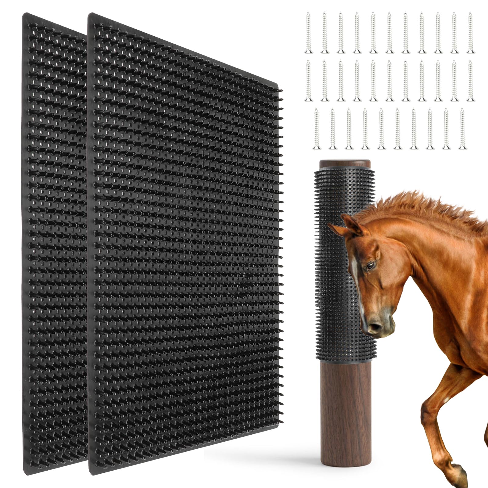 Lot de 2 tapis à gratter pour chevaux, tapis de toilettage et griffoir pour bovins, chèvres, moutons, vaches, brosse avec 32 piquets pour montage mural ou colonne (noir)