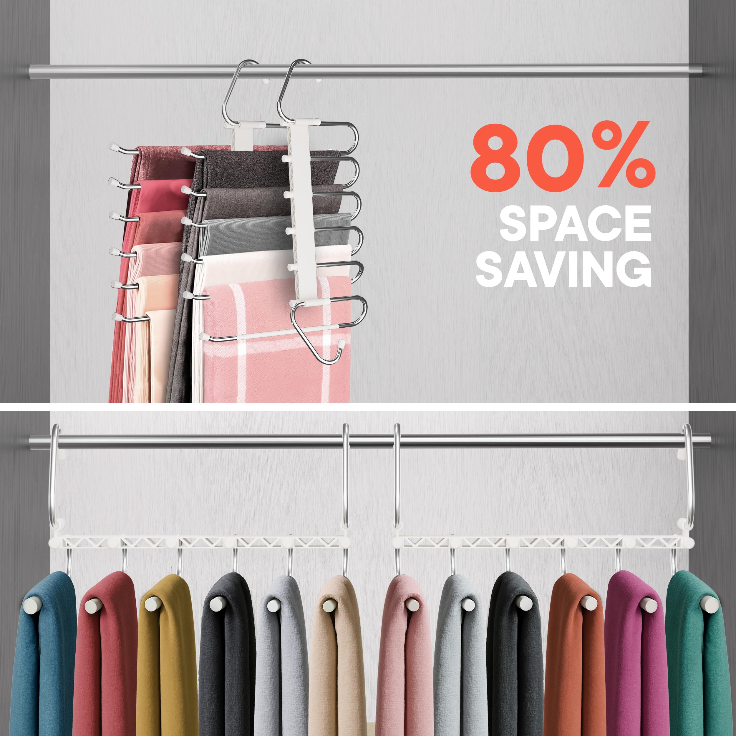 Campior Grucce salvaspazio per pantaloni, confezione da 4 grucce per jeans a 6 strati e organizer per jeans, sciarpe e gonne, appendiabiti multistrato con tappo antiscivolo, in acciaio inox resistente