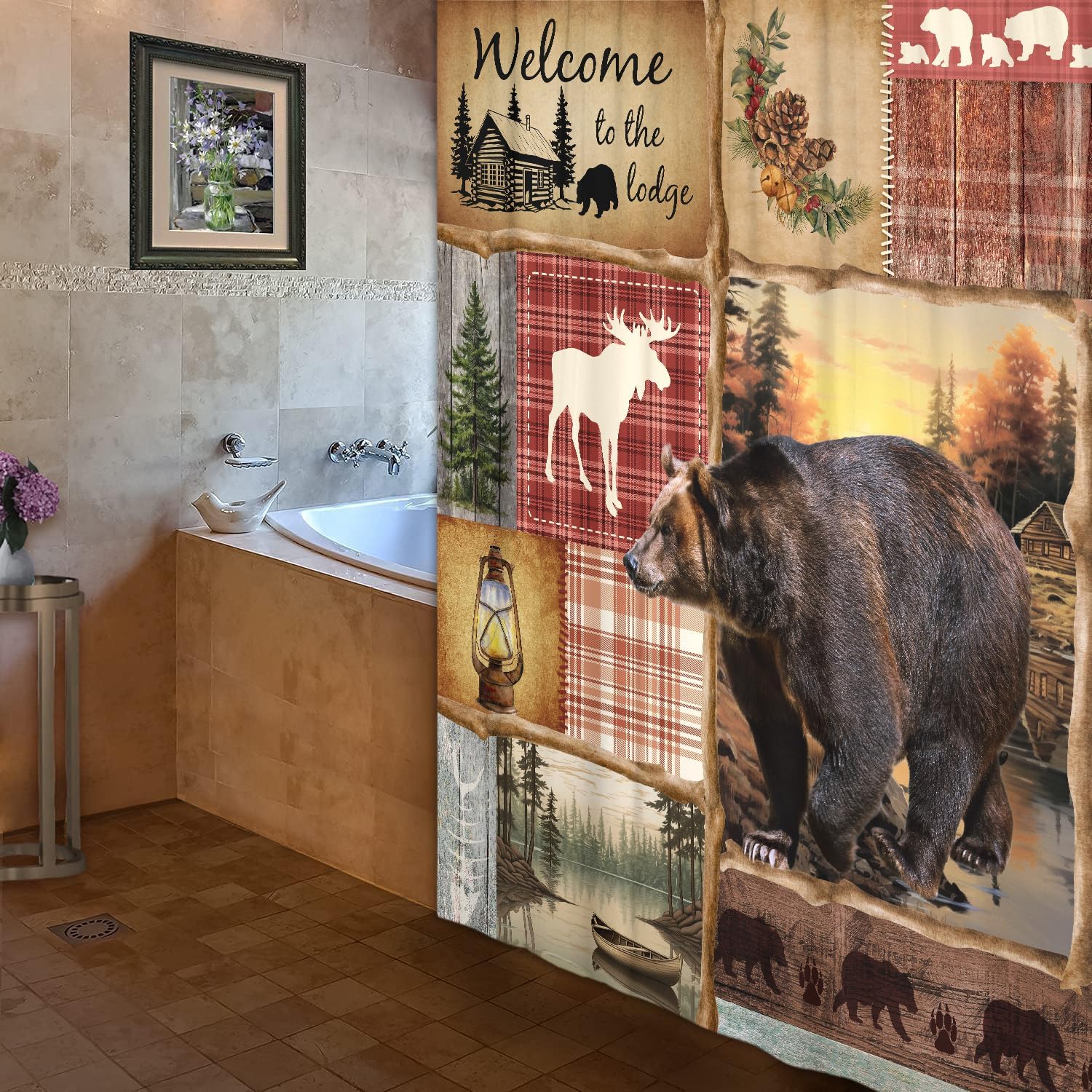 JAWO Rustic Cabin Shower Curtain, Farmhouse Country Antique Bear Moose Forest Vintage Wood Decor Bath Curtain Set，Hunting Camping Fabric Bathroom Shower Curtain, with 12PCS Hooks, 70X75IN