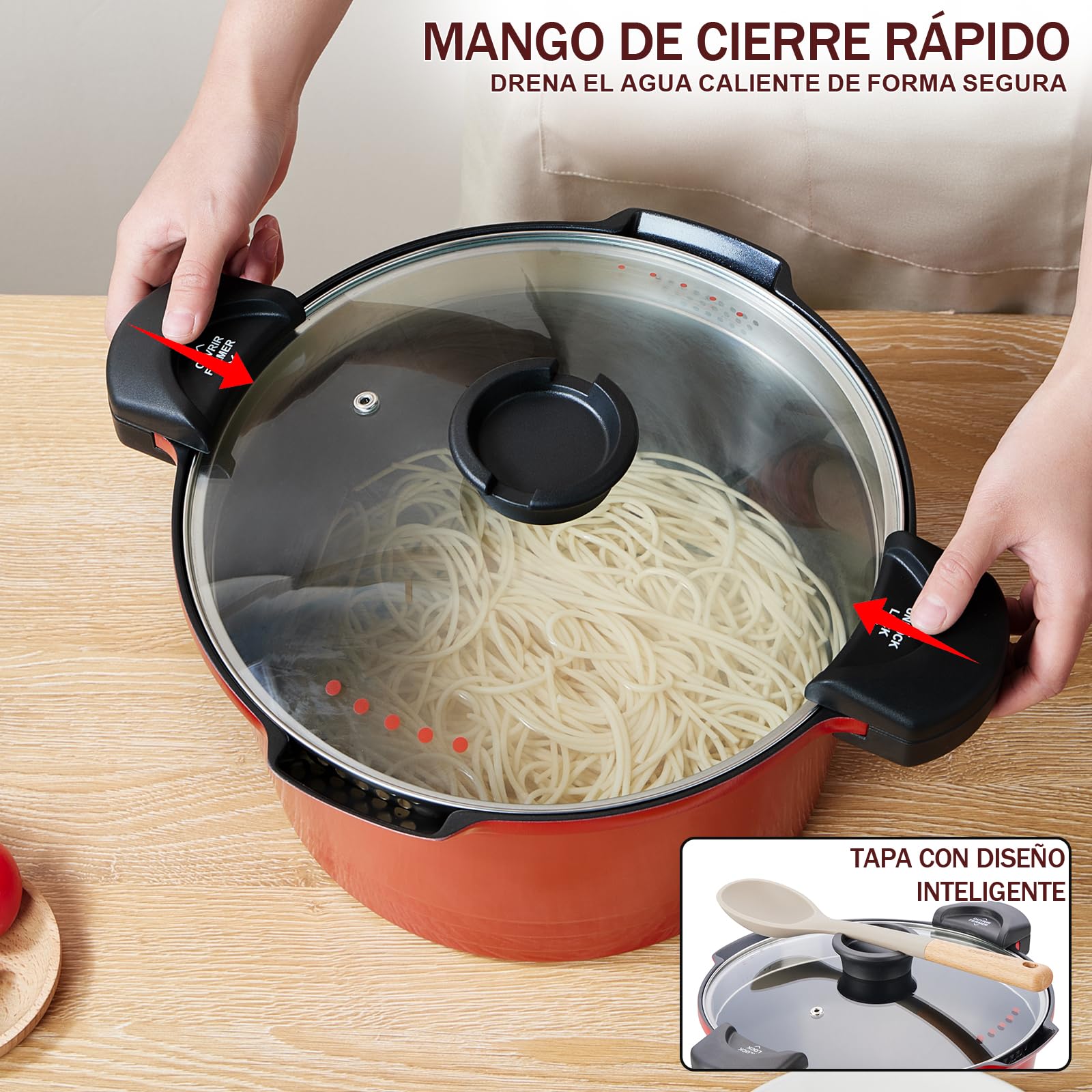ROSSETTO Olla para pasta Tradicional 24 cm, Cesta, Tapa de Vidrio, Rojo | Cocción versátil con gran capacidad y cuerpo de aluminio fundido. Compatible con todo tipo de cocinas, incluida la inducción