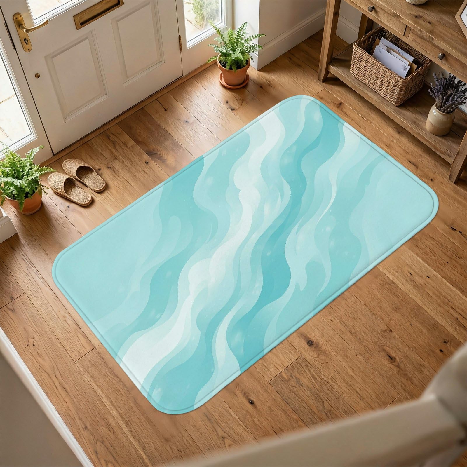Tapis contemporain minimaliste pour salle de bain et entrée, vagues abstraites au design été