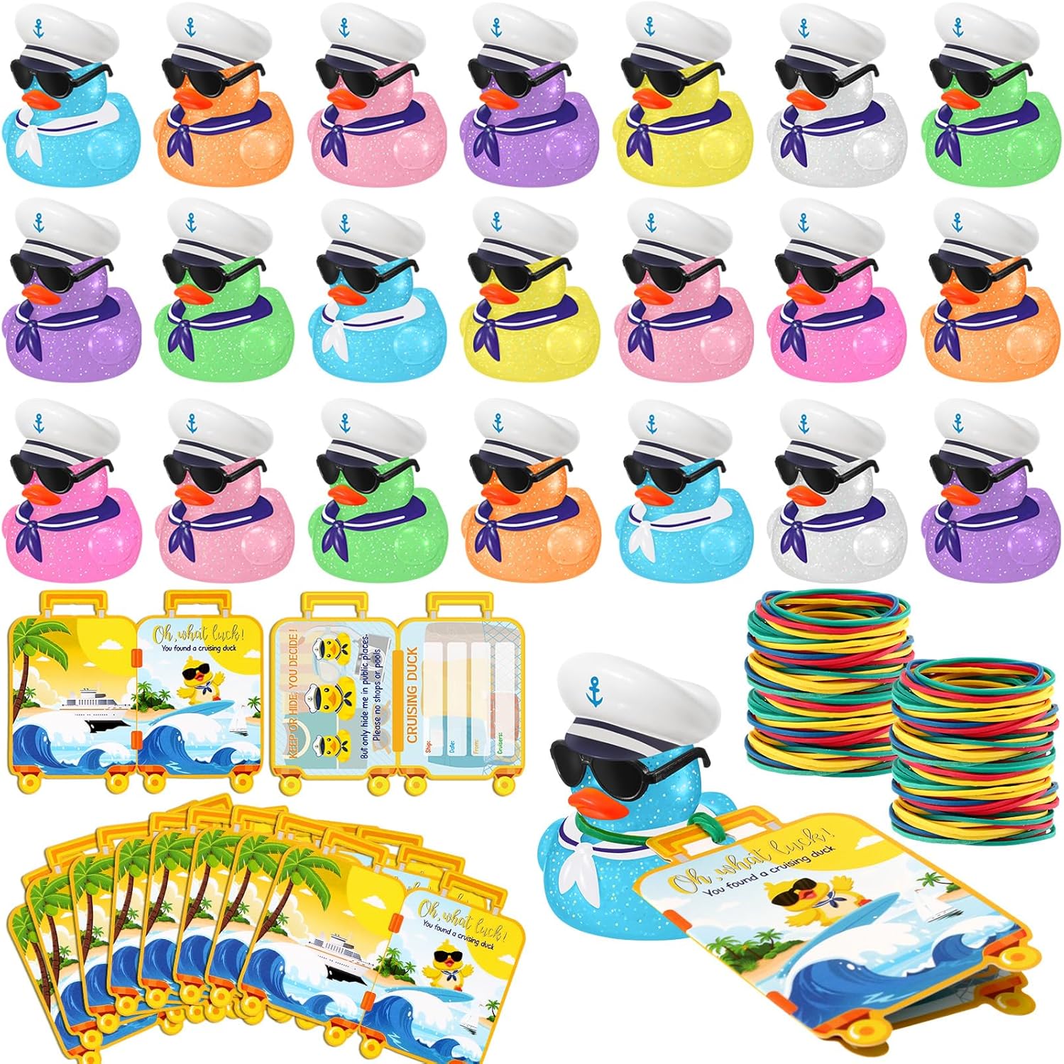Halloscume 72 Pcs Duck Tag Cruise Kit Includes 24 Mini Cruise Glitter Rubber Ducks with Sunglasses Bulk 24 Duck Tags 24 Elastic Rubber Bands for Cruising Luggage Game Rewards (Rudder Style)