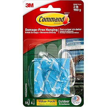 Command Outdoor Medium Window Hooks, Clear, Water-Resistant Adhesive, 5 Hooks, 6 Strips (17091CLRAWVPES)