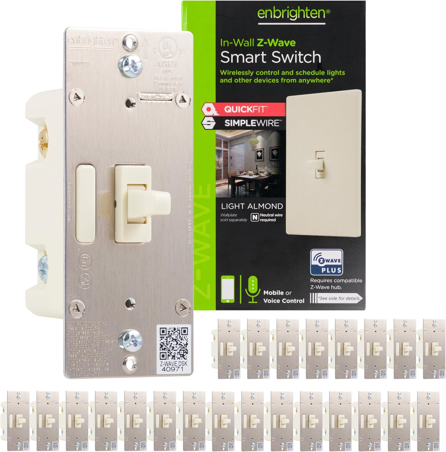 only 23 Enbrighten Almond Z-Wave Plus Smart Light Switch with QuickFit and SimpleWire, 3-Way Ready, Compatible with Alexa, Google Assistant, ZWave Hub Required, Repeater/Range Extender, Toggle, 24 Pack, 82686 24 Pack 500 Series Light Almond