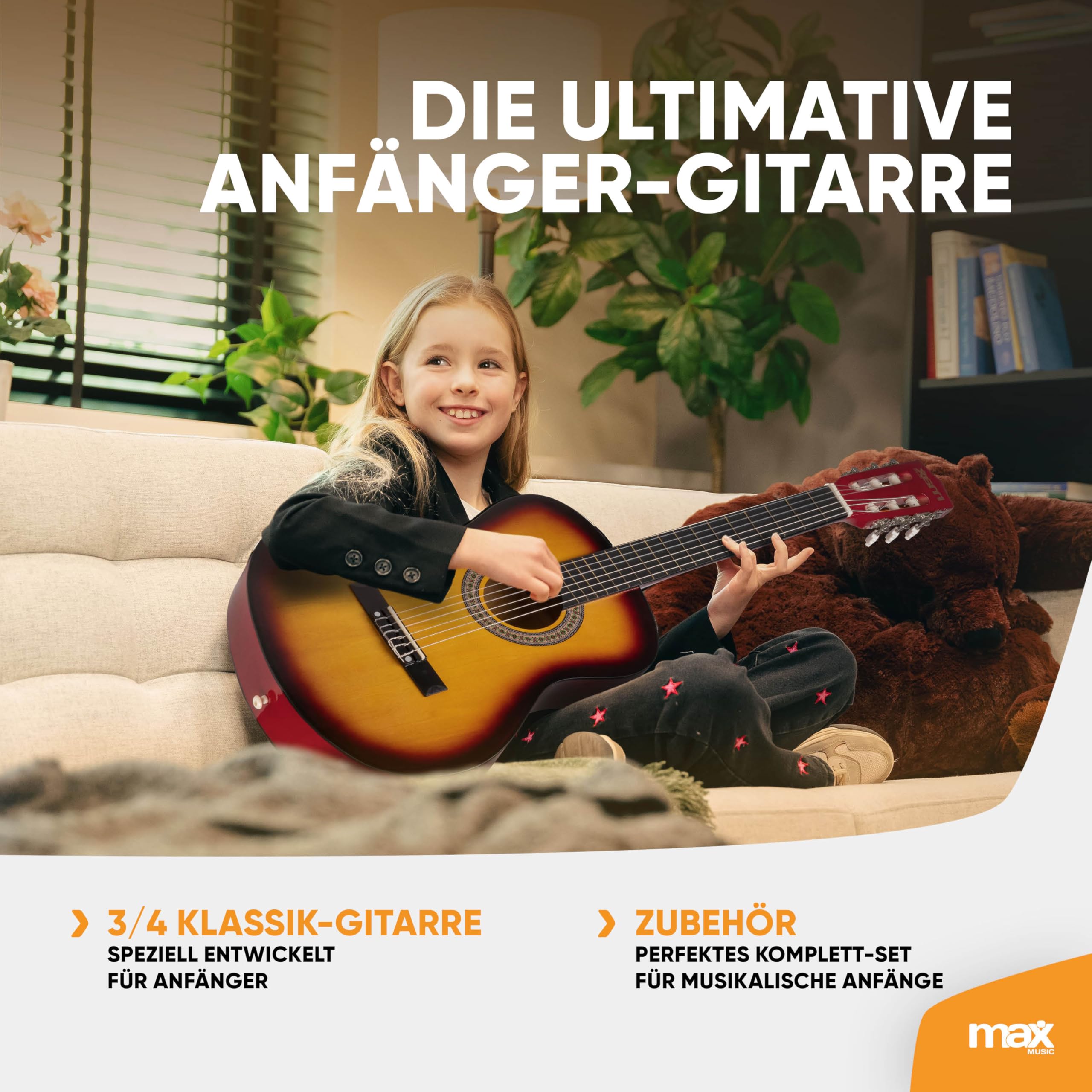 MAX SoloArt Junior - Akustik Gitarre 3/4, Kinder Gitarre inkl. Stimmgerät, Ständer, Tasche, Plektrum, Gurt und Saiten-Zubehör, 3/4 Guitar in Holz Sunburst