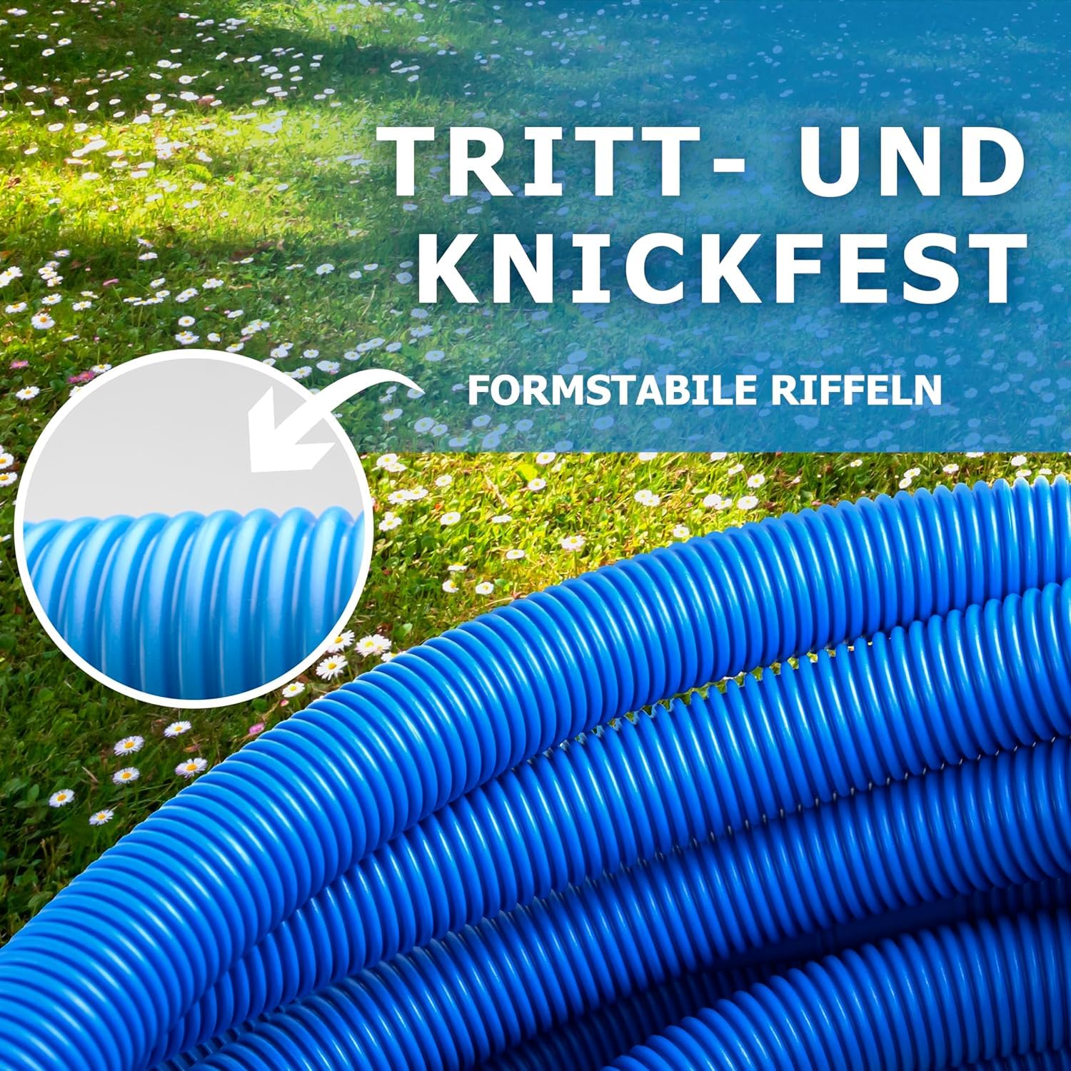 Pondlife Poolschlauch 38mm, 30 m, Saug- und Wasserschlauch für Poolsauger/Skimmer/Poolpumpe, UV-, Chlor- & Salzwasserbeständig, temperaturbeständig bis 70°C, Trennmuffen alle 1,5 m