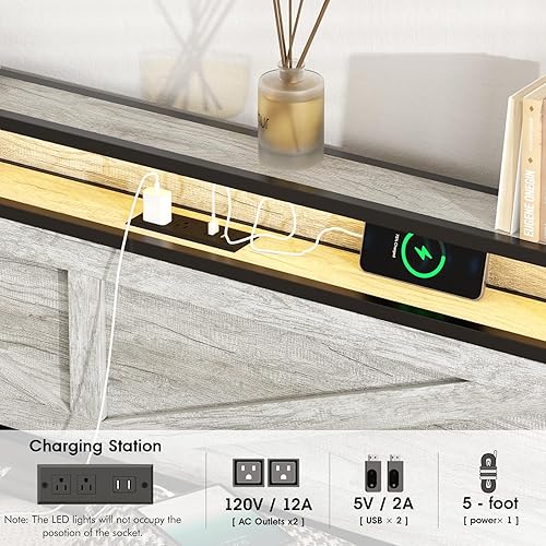 Miniatura 4 de Base de cama de tamaño matrimonial con estación de carga, plataforma de metal con cabecero y luz LED, cama de almacenamiento de granja para