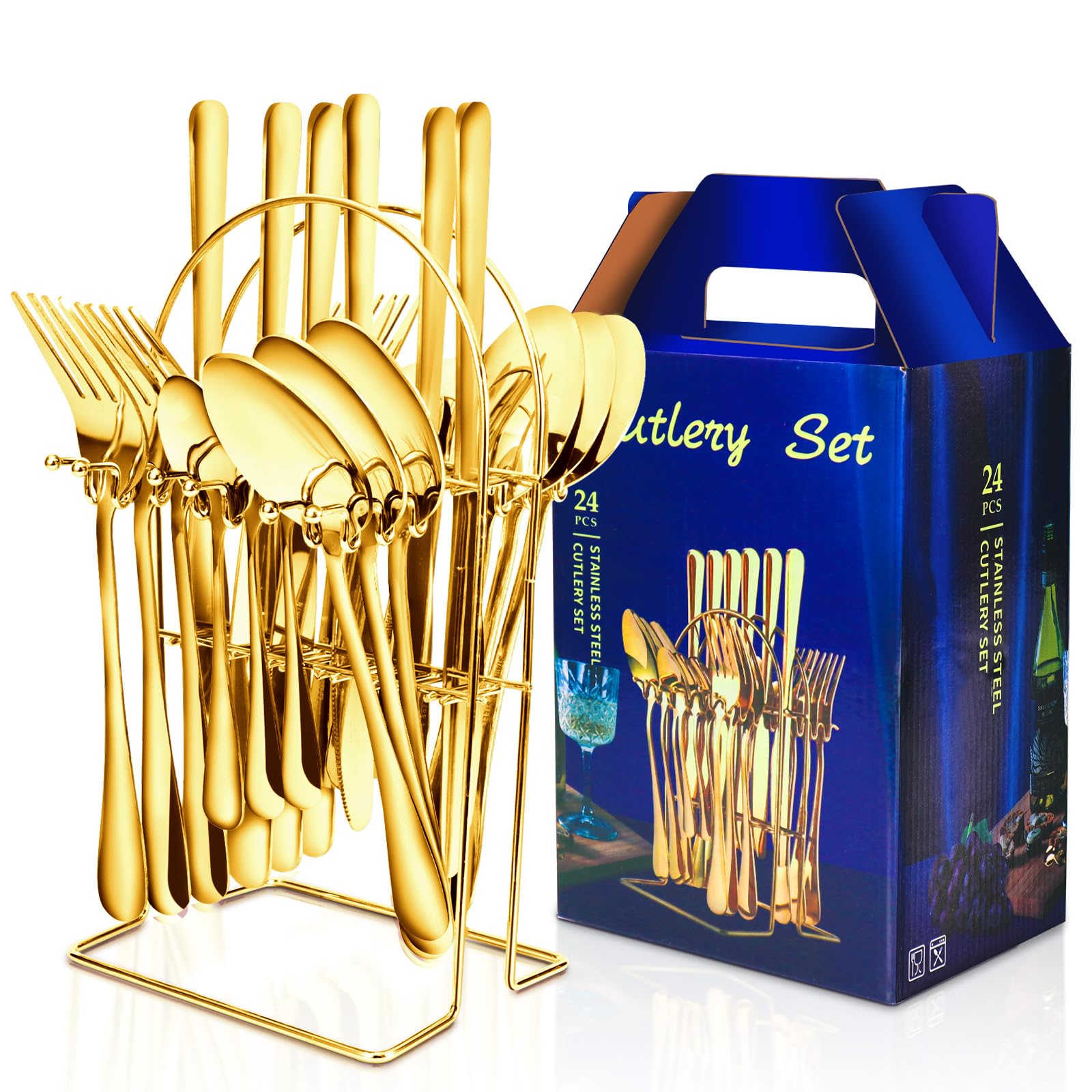 24-Piece Gold & Silverware Set with Hanging Rack Caddy - Stainless Steel Flatware for 6, Mirror Polished Cutlery Utensil Set - Kitchen Tableware with Forks, Spoons & Knives