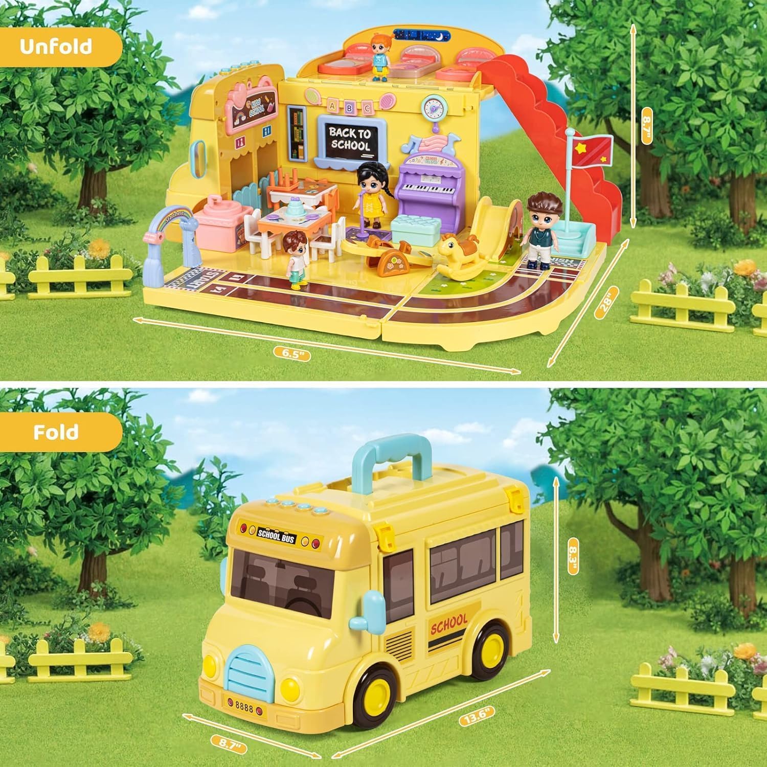 Pihura Dollhouse Camper Van, Portable School Bus Building Kit Dolls Pretend Play Vehicle with Stair, Transforming Doll House Preschool Storage Camper Toy with Music Fit Girls Ages 3+ 3