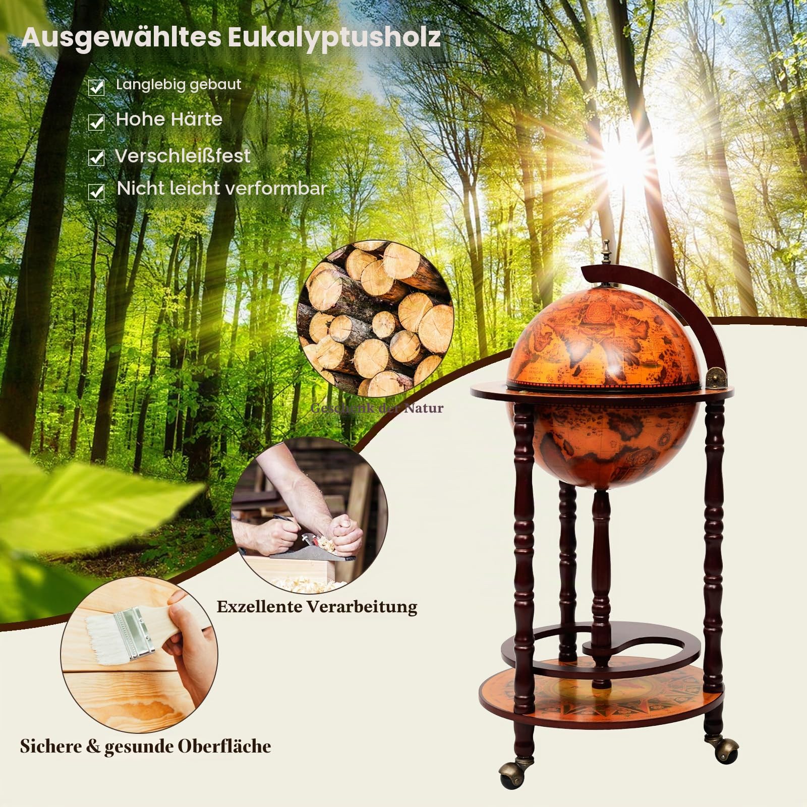 KOMFOTTEU Globus Bar Barwagen, Minibar mit Rollen, Weinregal mit Klassischem Design, Cocktailbar Barschrank für Wein, Getränke (Braun)