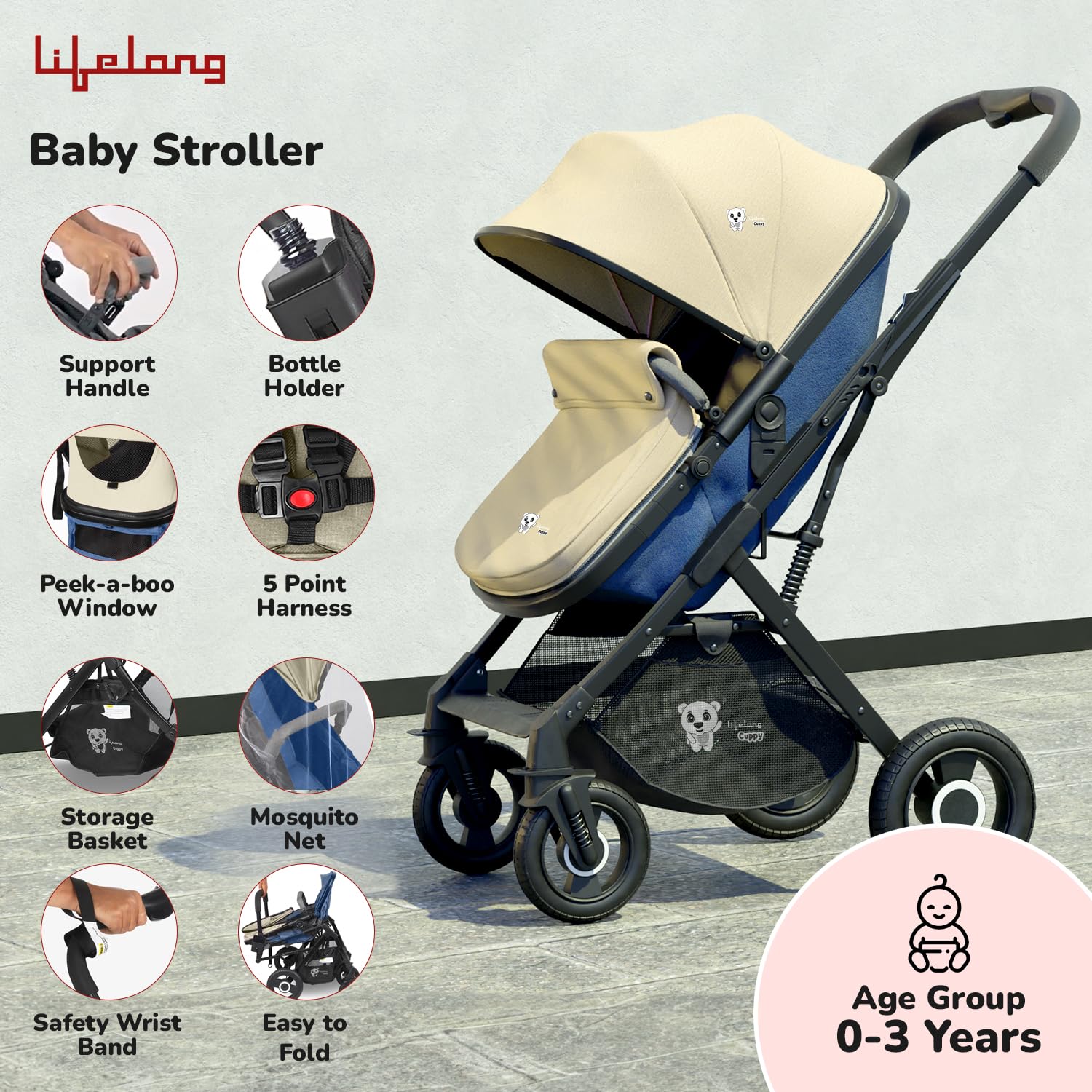Lifelong Cuppy Baby Strollers 0 to 3 Years - 4 in 1 Stroller/Pram,Car Seat,Bassinet & Carry Cot - Sturdy Stroller with Bottle Holder & Mosquito Net|Foldable & Pram,Blue Beige - Image 4 thumbnail
